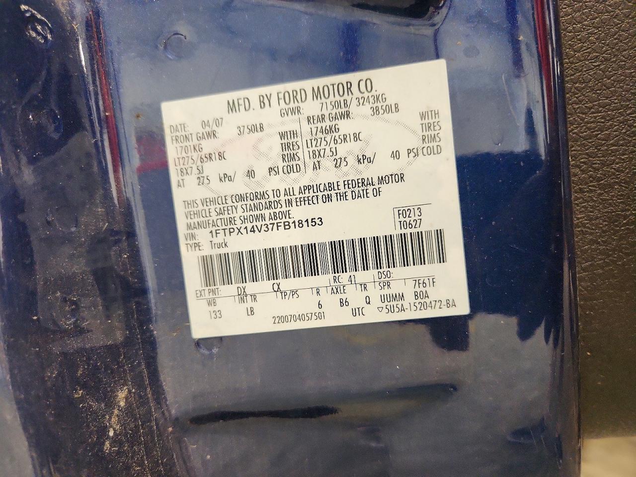 2007 Ford F150 Blue vin: 1FTPX14V37FB18153