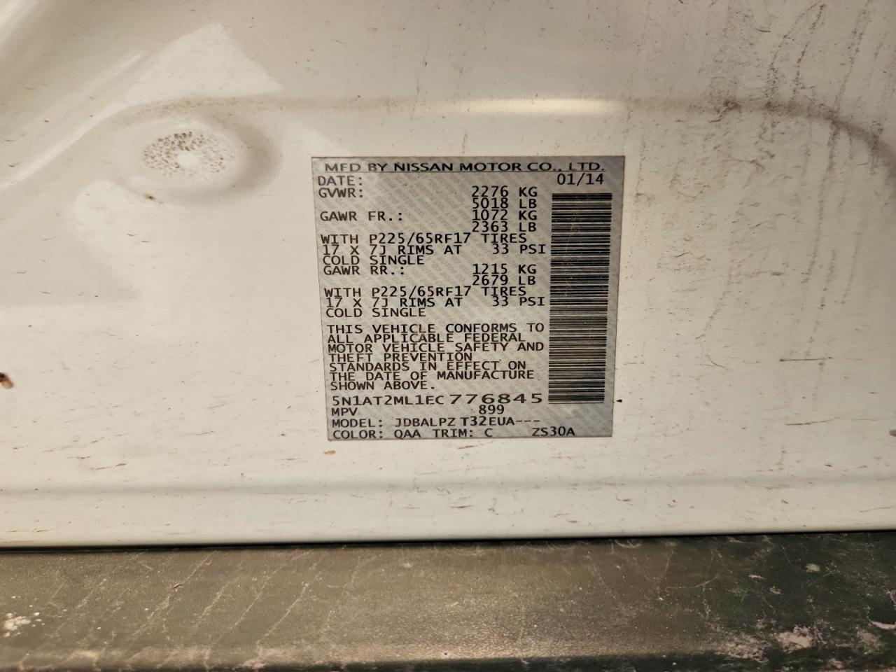 2014 Nissan Rogue S White vin: 5N1AT2ML1EC776845