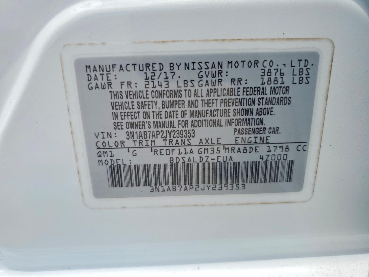 2018 Nissan Sentra Sv White vin: 3N1AB7AP2JY239353