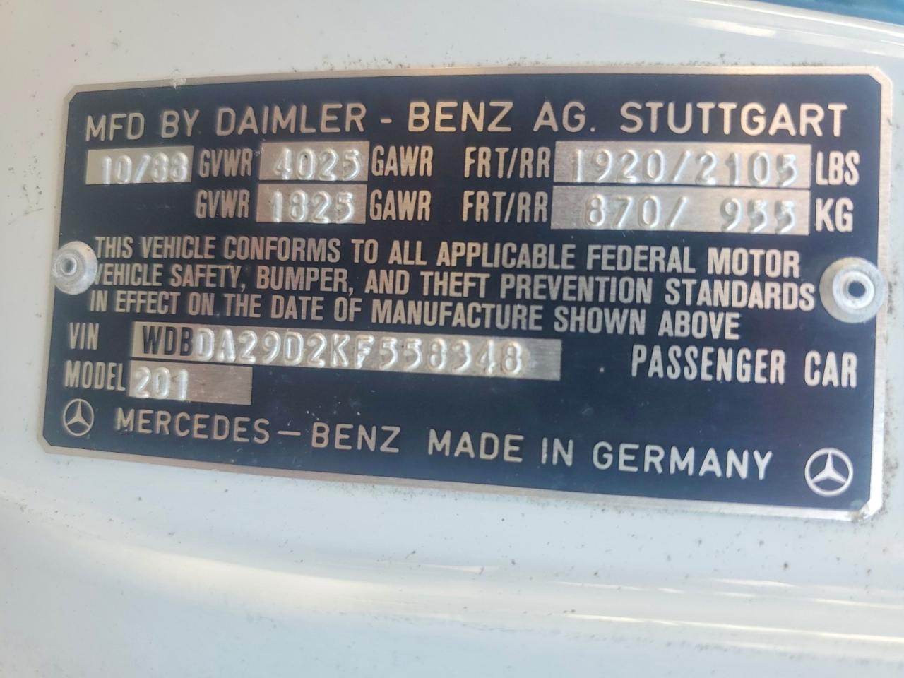 1989 Mercedes-benz 190 E 2.6 White vin: WDBDA29D2KF558348