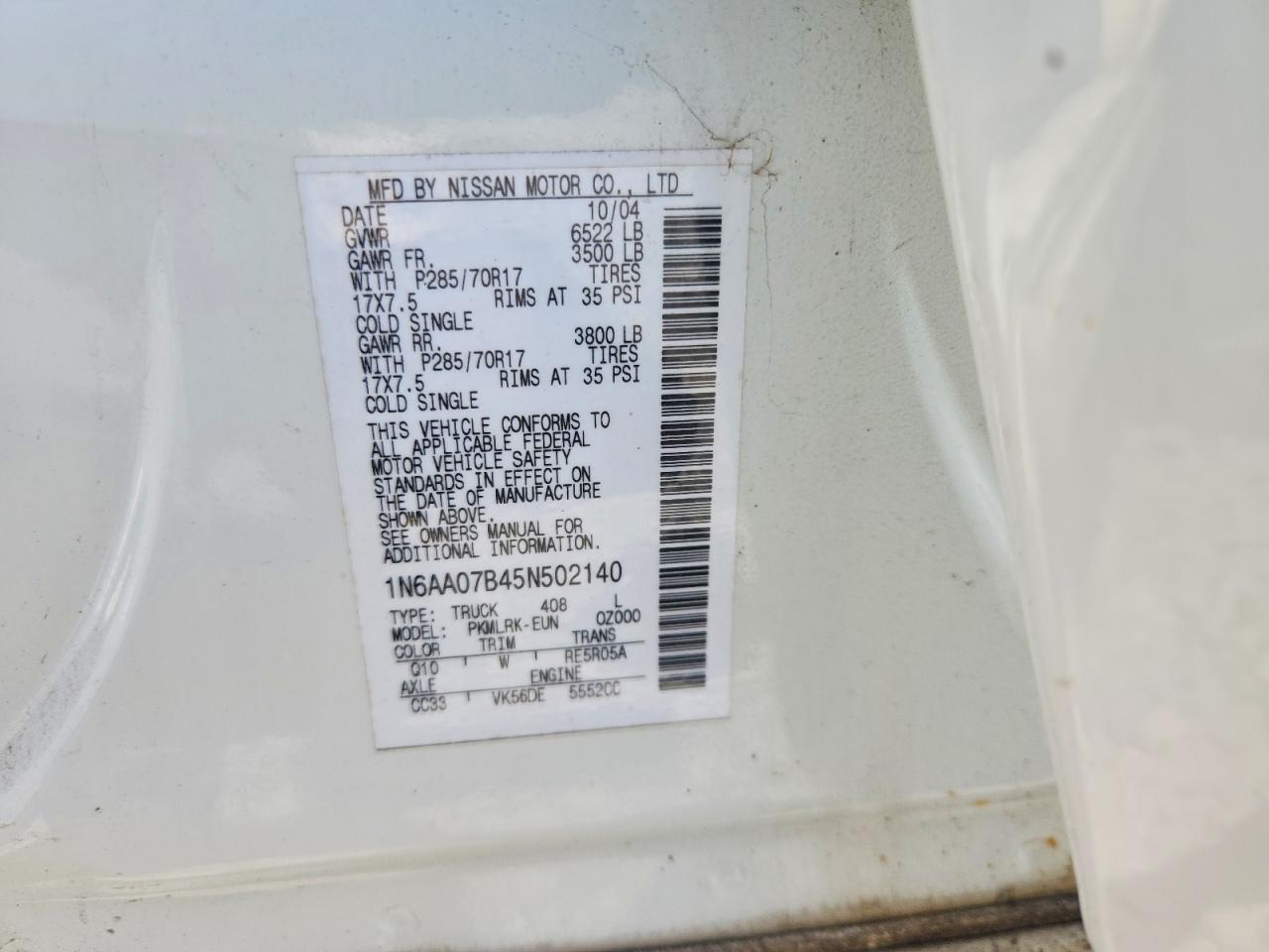 2005 Nissan Titan Xe White vin: 1N6AA07B45N502140