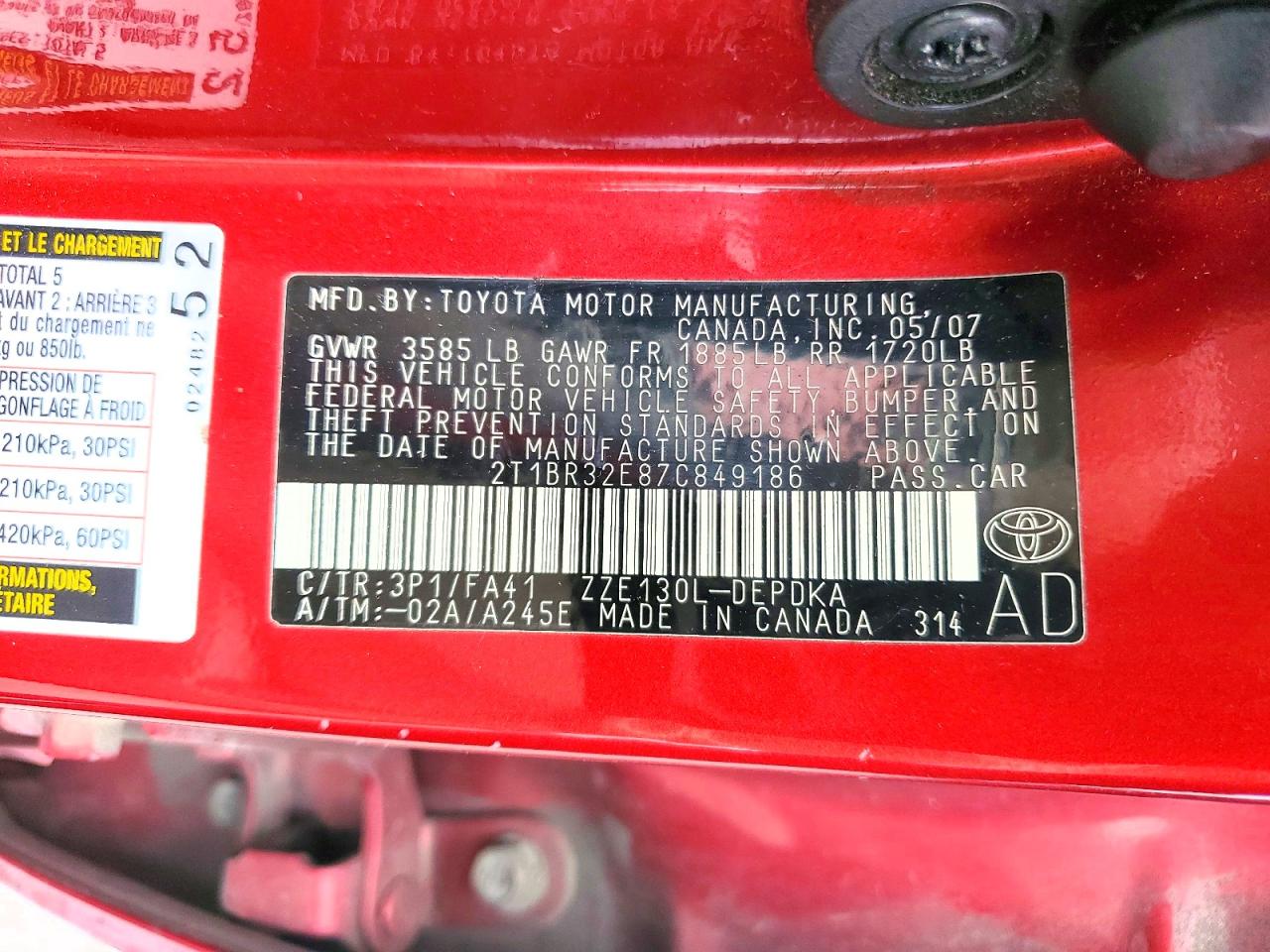 2007 Toyota Corolla Ce Red vin: 2T1BR32E87C849186