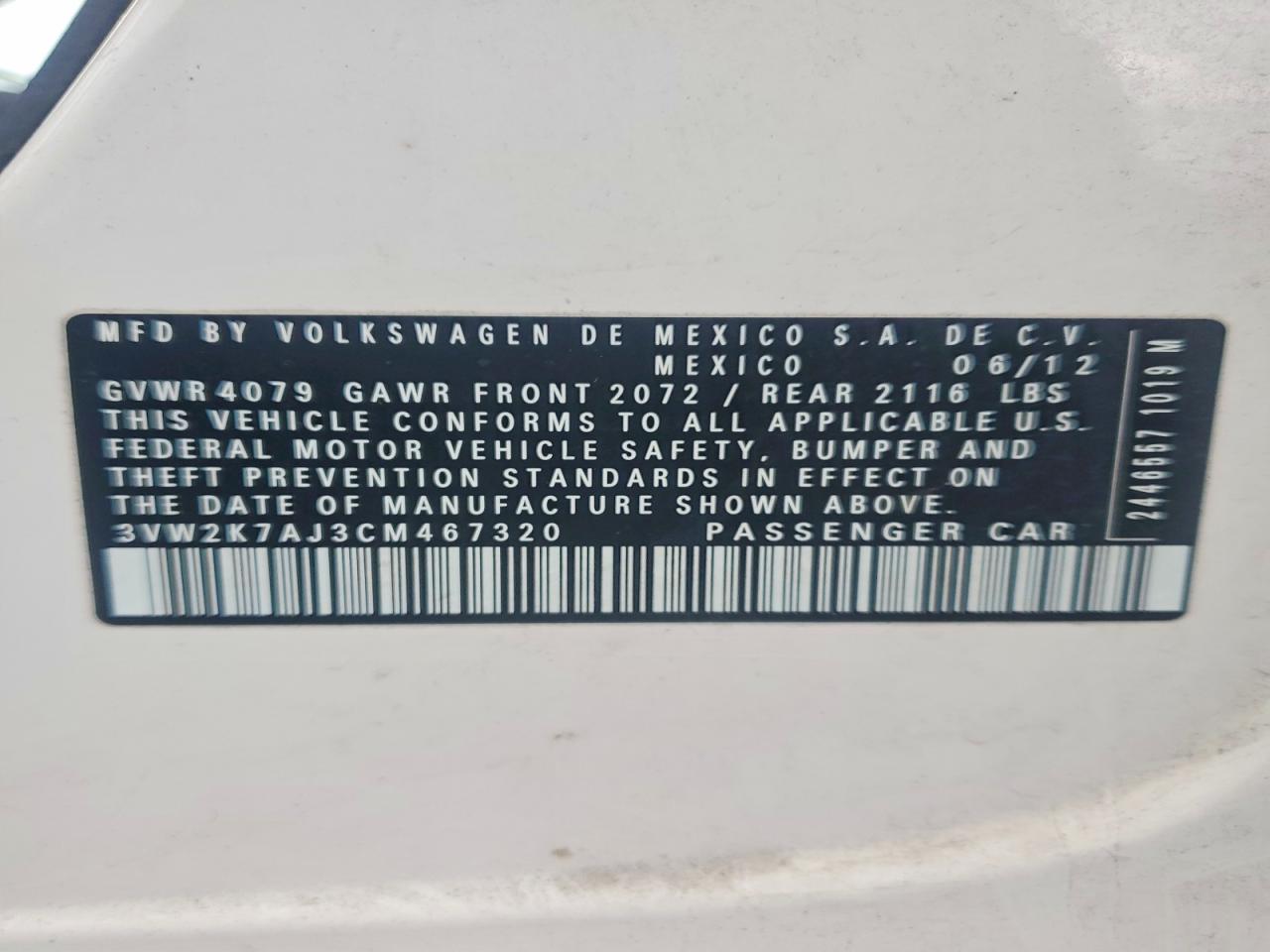 2012 Volkswagen Jetta Base White vin: 3VW2K7AJ3CM467320