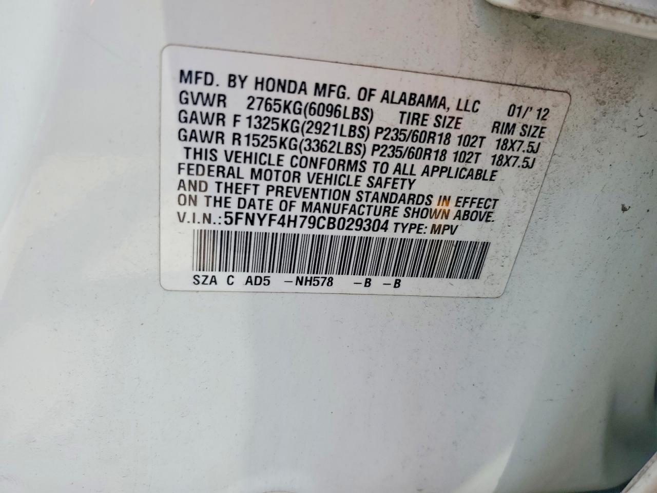 2012 Honda Pilot Exln White vin: 5FNYF4H79CB029304