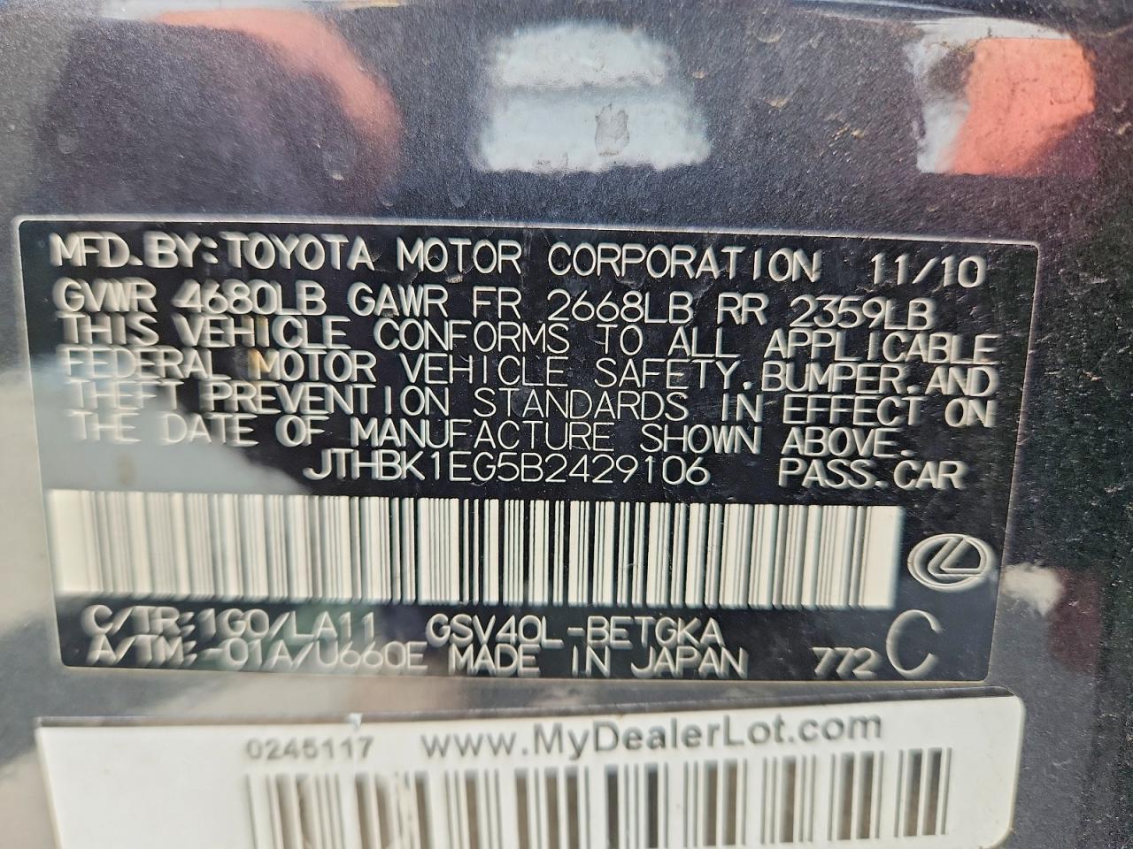 2011 Lexus Es 350 Gray vin: JTHBK1EG5B2429106