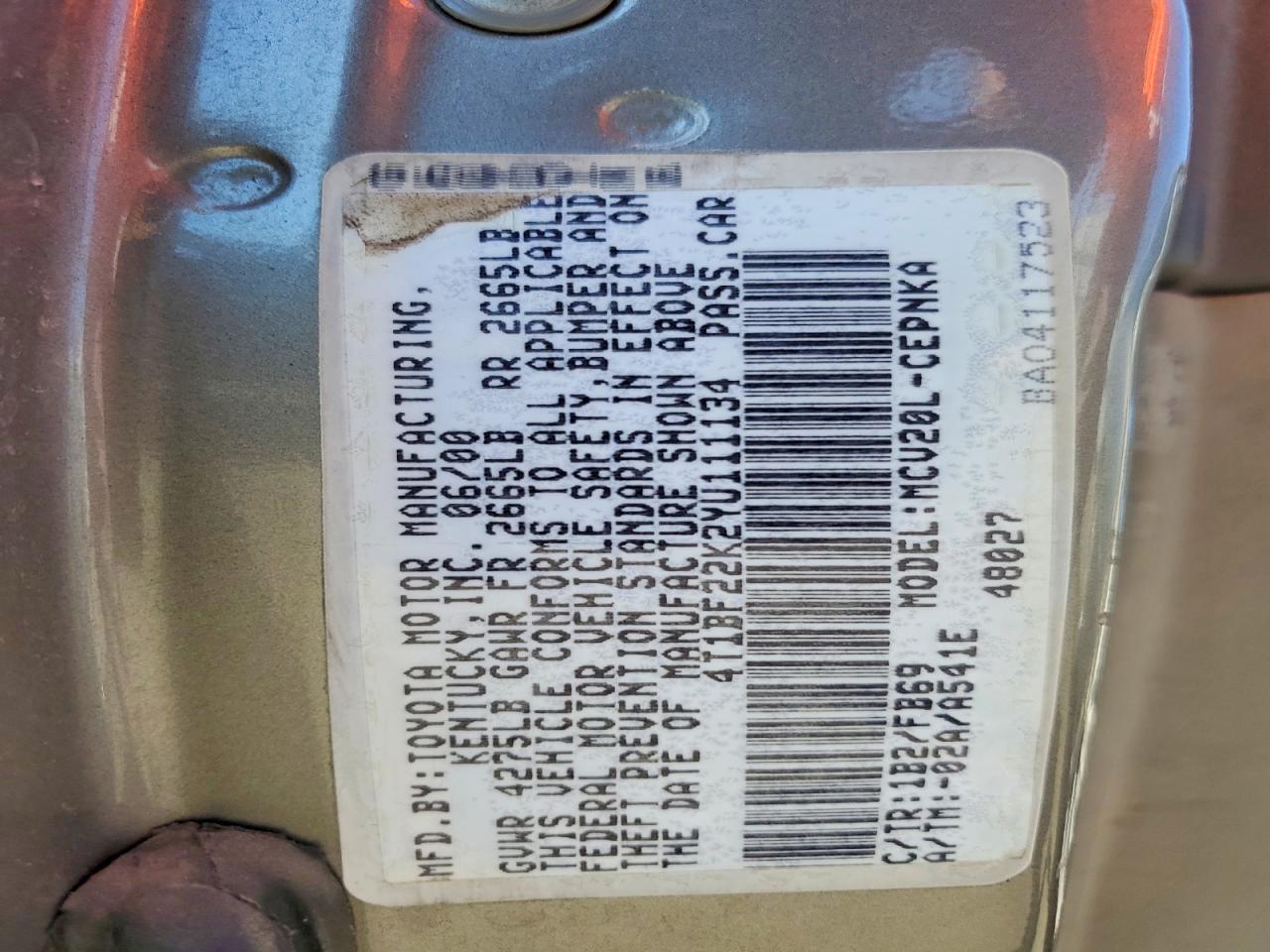 2000 Toyota Camry Le V6 Желто-коричневый vin: 4T1BF22K2YU111134