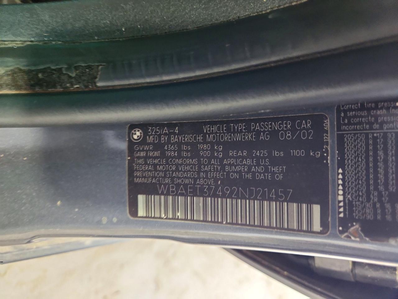 2002 Bmw 325 I Gray vin: WBAET37492NJ21457