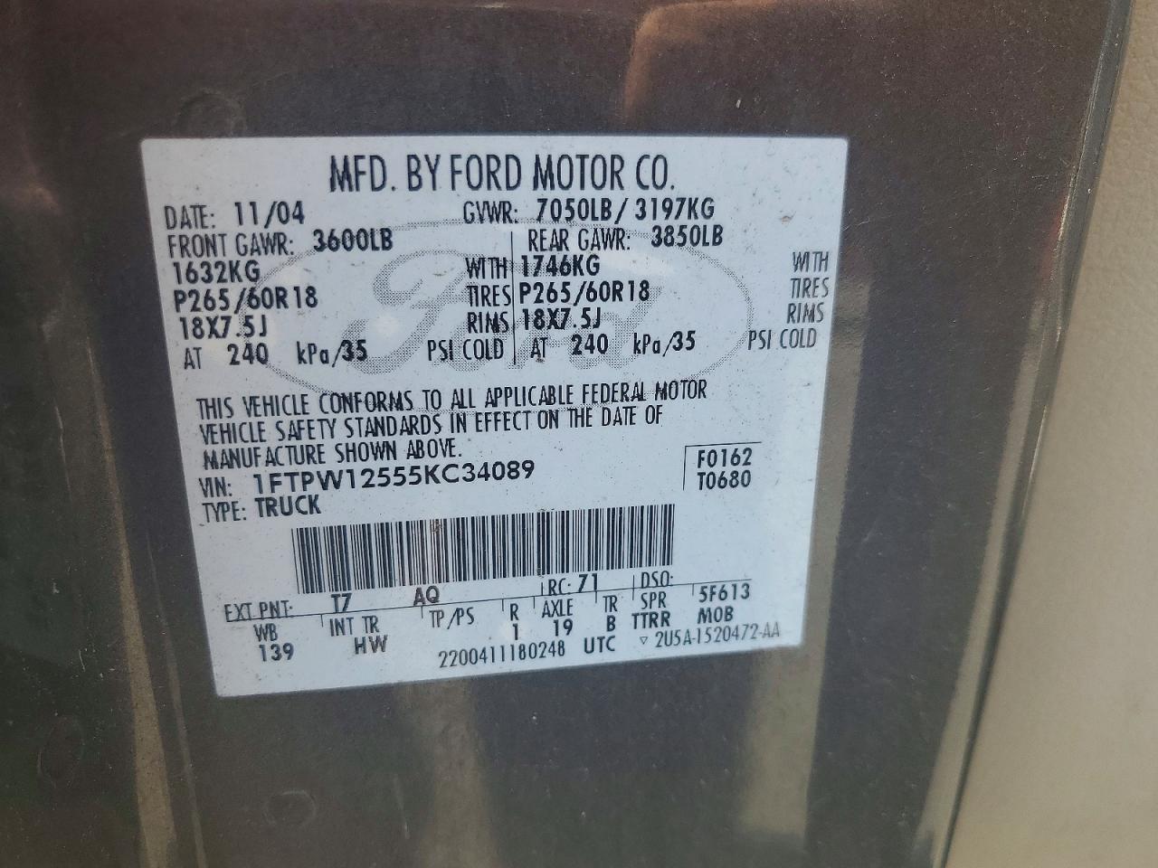 2005 Ford F150 Supercrew Gray vin: 1FTPW12555KC34089