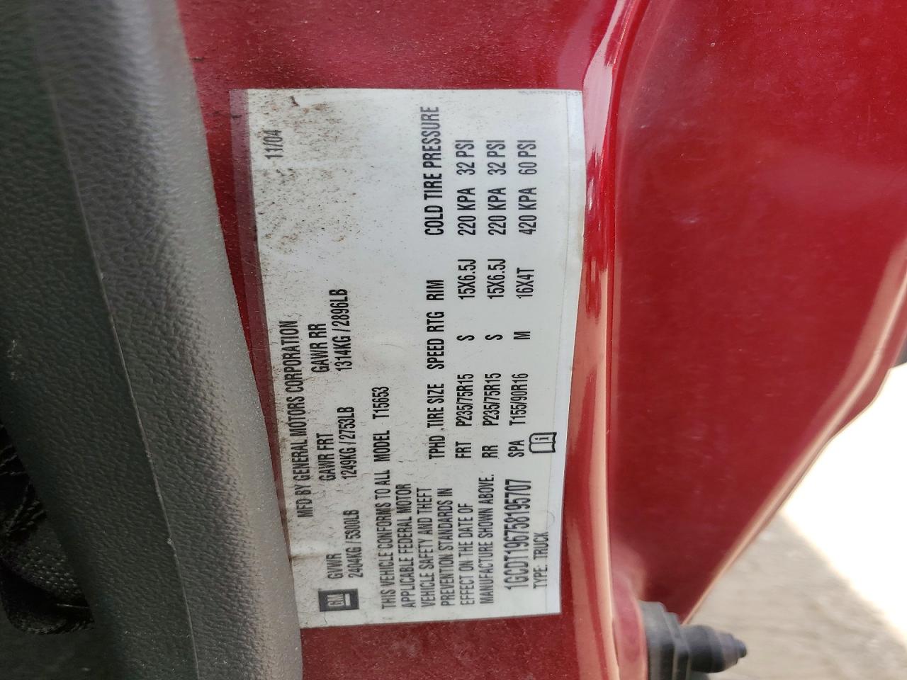 2005 Chevrolet Colorado Burgundy vin: 1GCDT196758195707