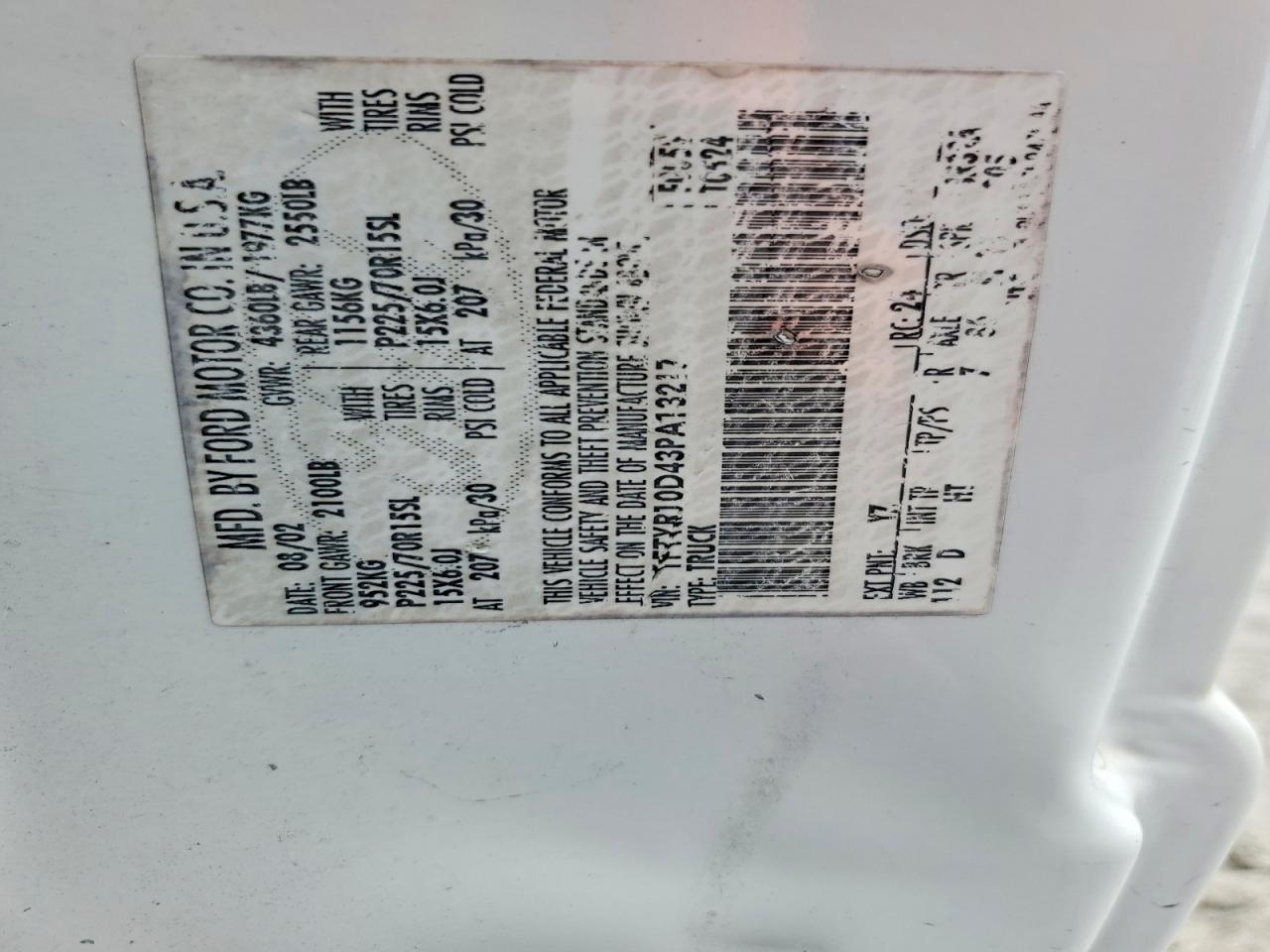 2003 Ford Ranger White vin: 1FTYR10D43PA13217