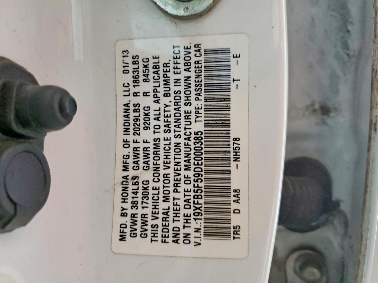 2013 Honda Civic Natural Gas White vin: 19XFB5F59DE000385
