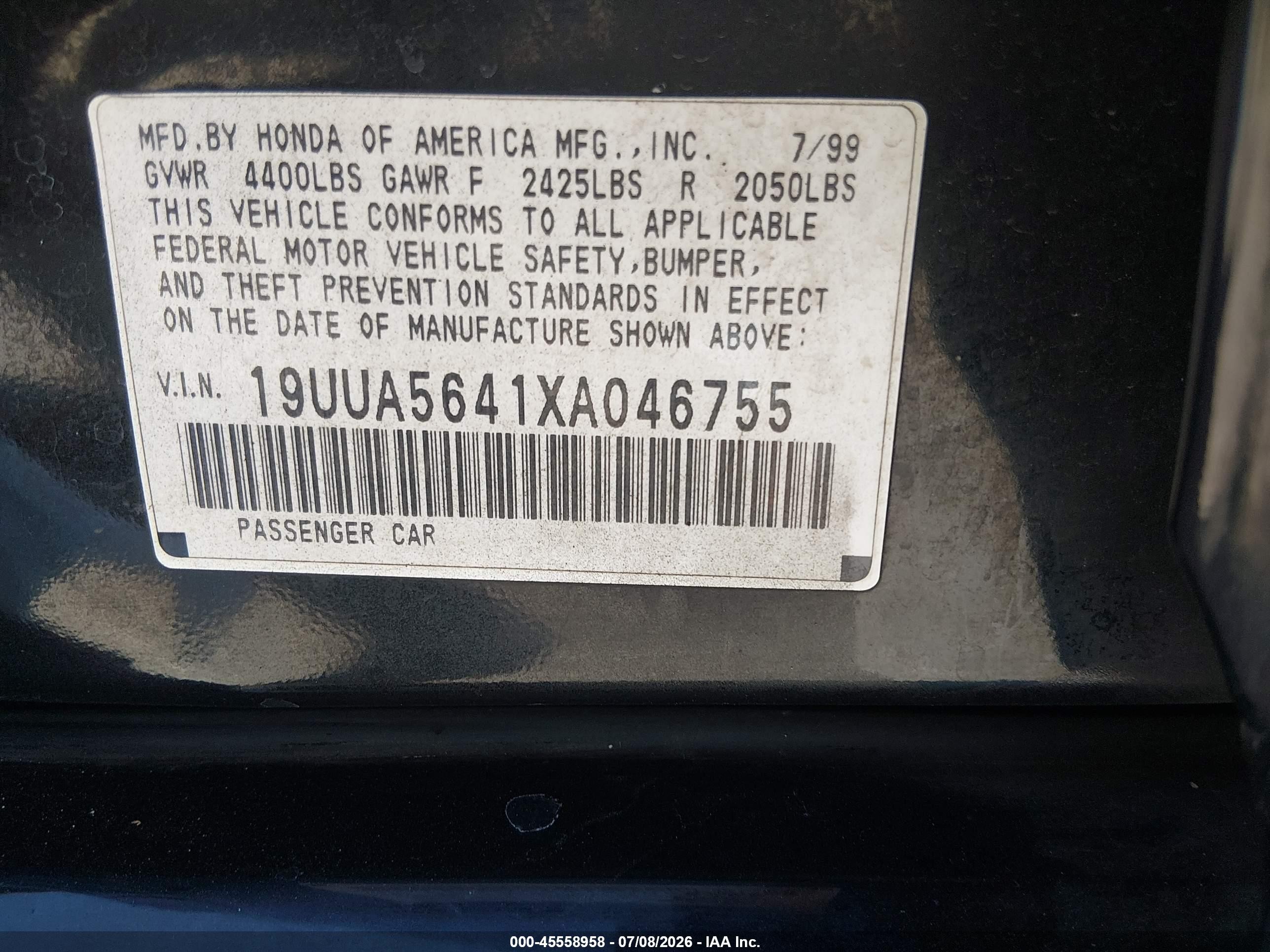 1999 Acura Tl 3.2 Black vin: 19UUA5641XA046755