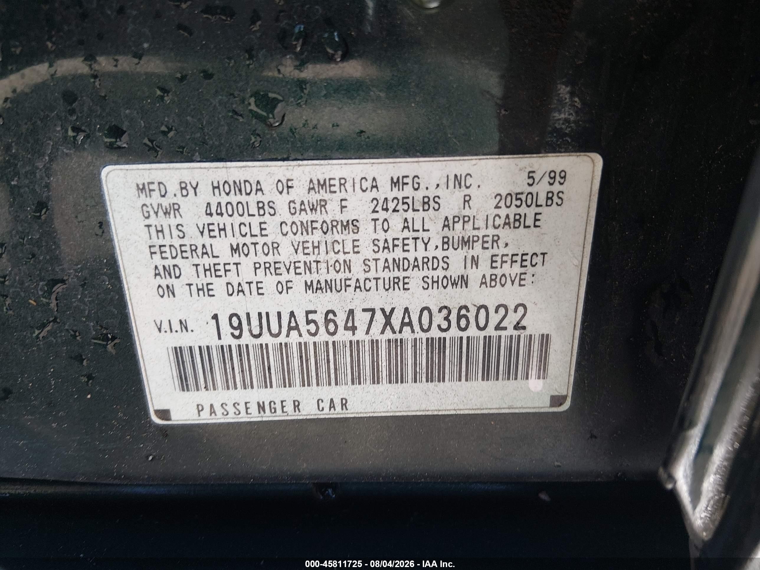 1999 Acura Tl 3.2 Green vin: 19UUA5647XA036022
