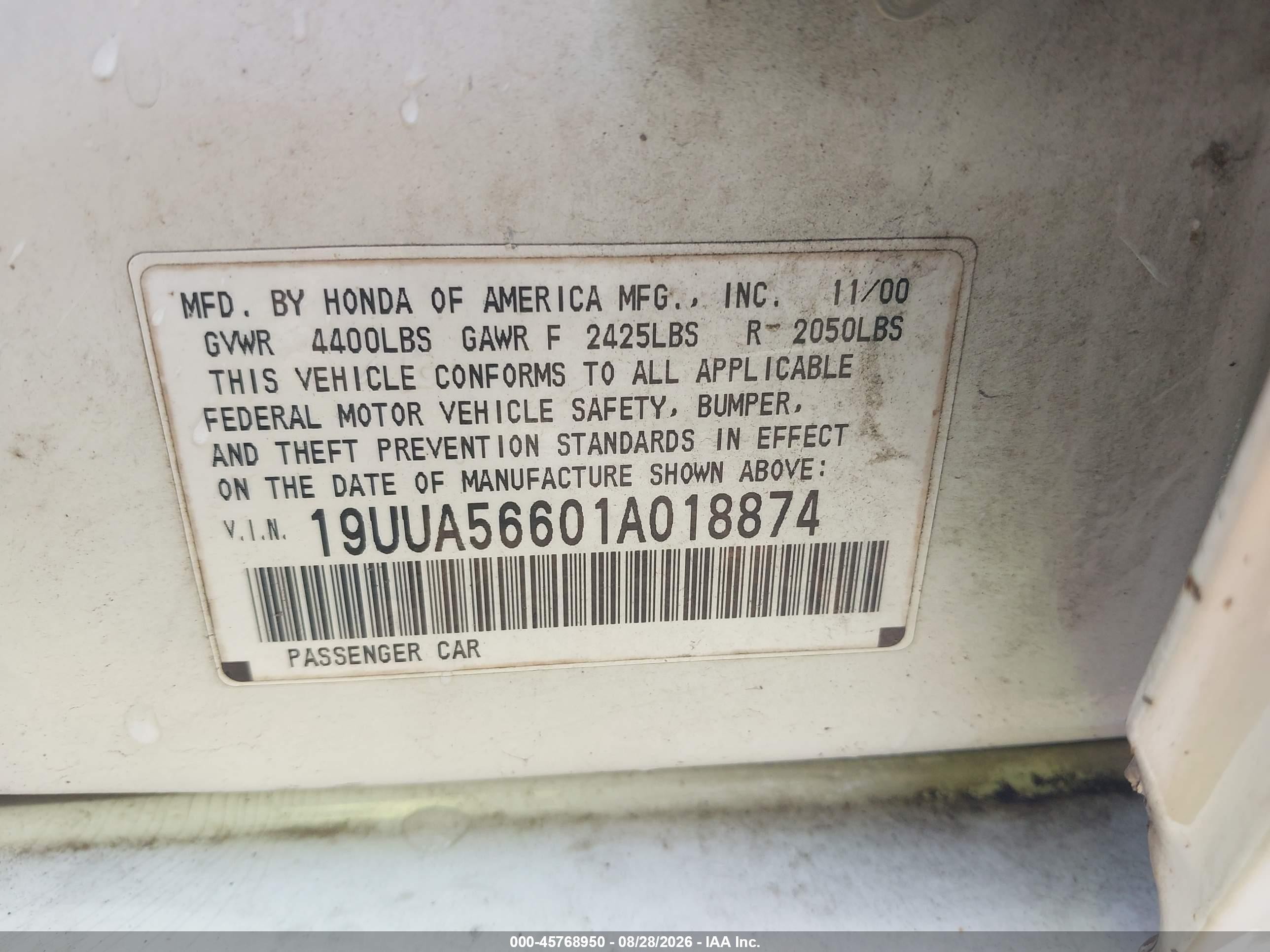 2001 Acura Tl 3.2 White vin: 19UUA56601A018874
