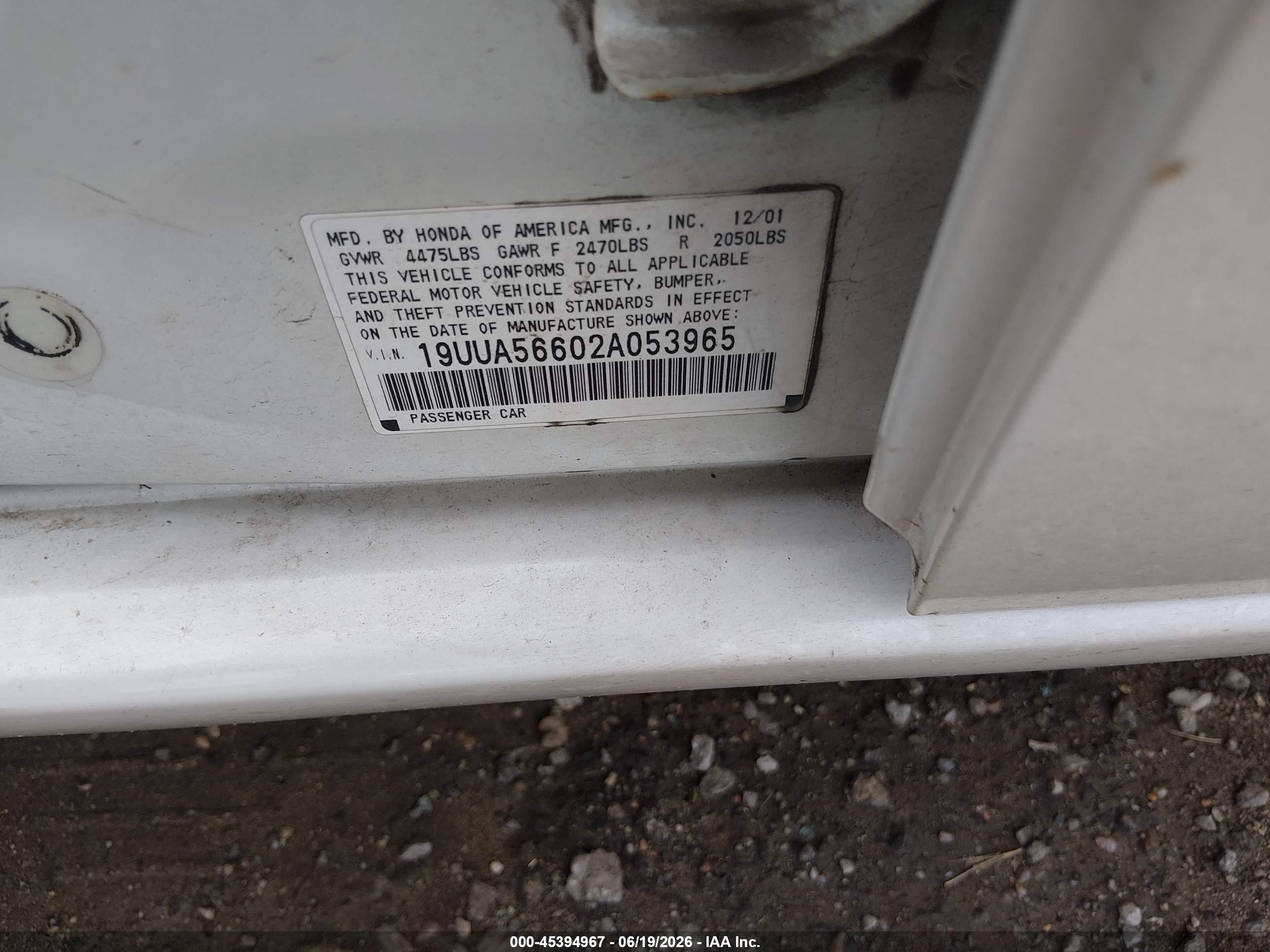 2002 Acura Tl 3.2 White vin: 19UUA56602A053965