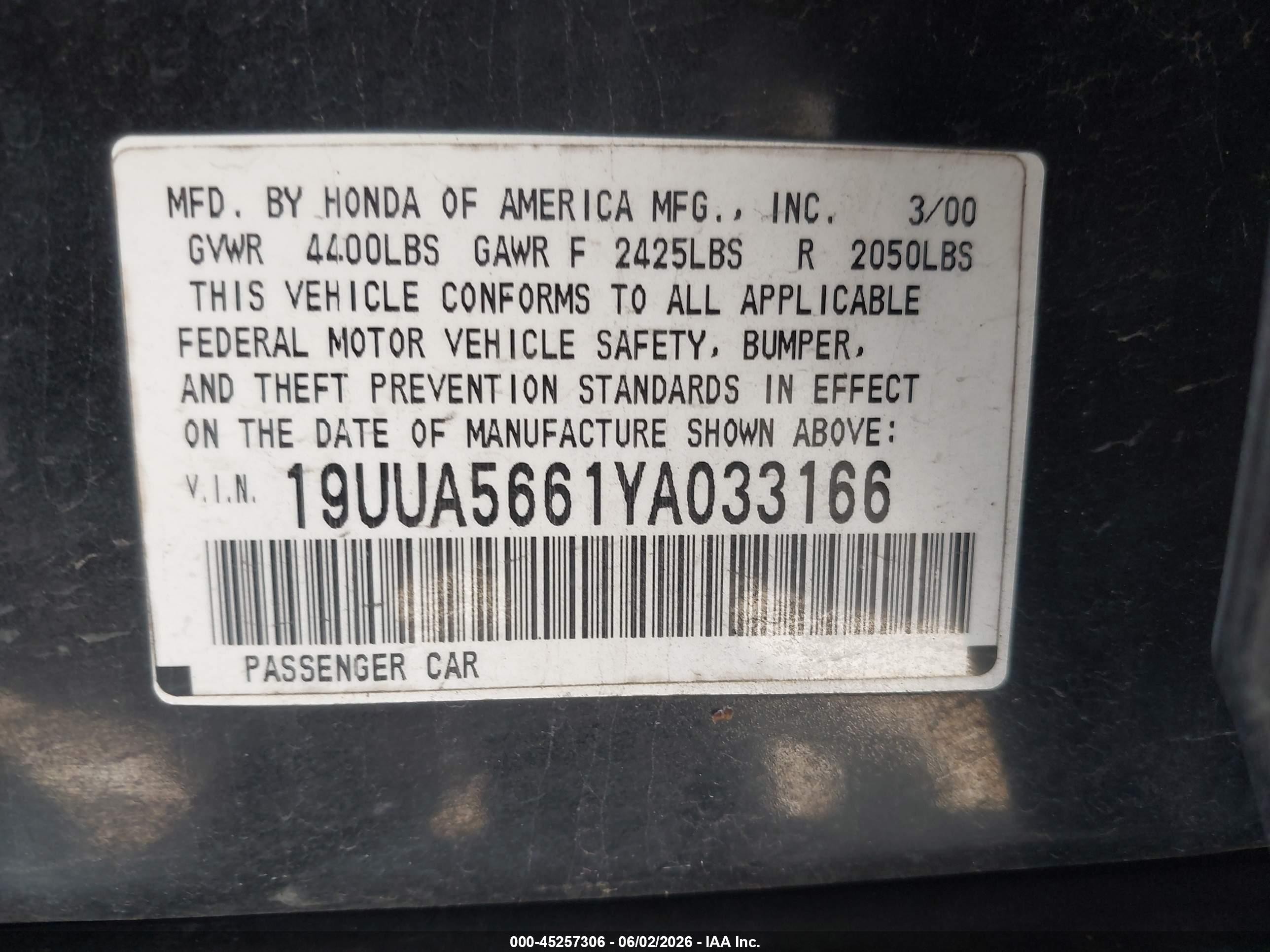 2000 Acura Tl 3.2 Black vin: 19UUA5661YA033166