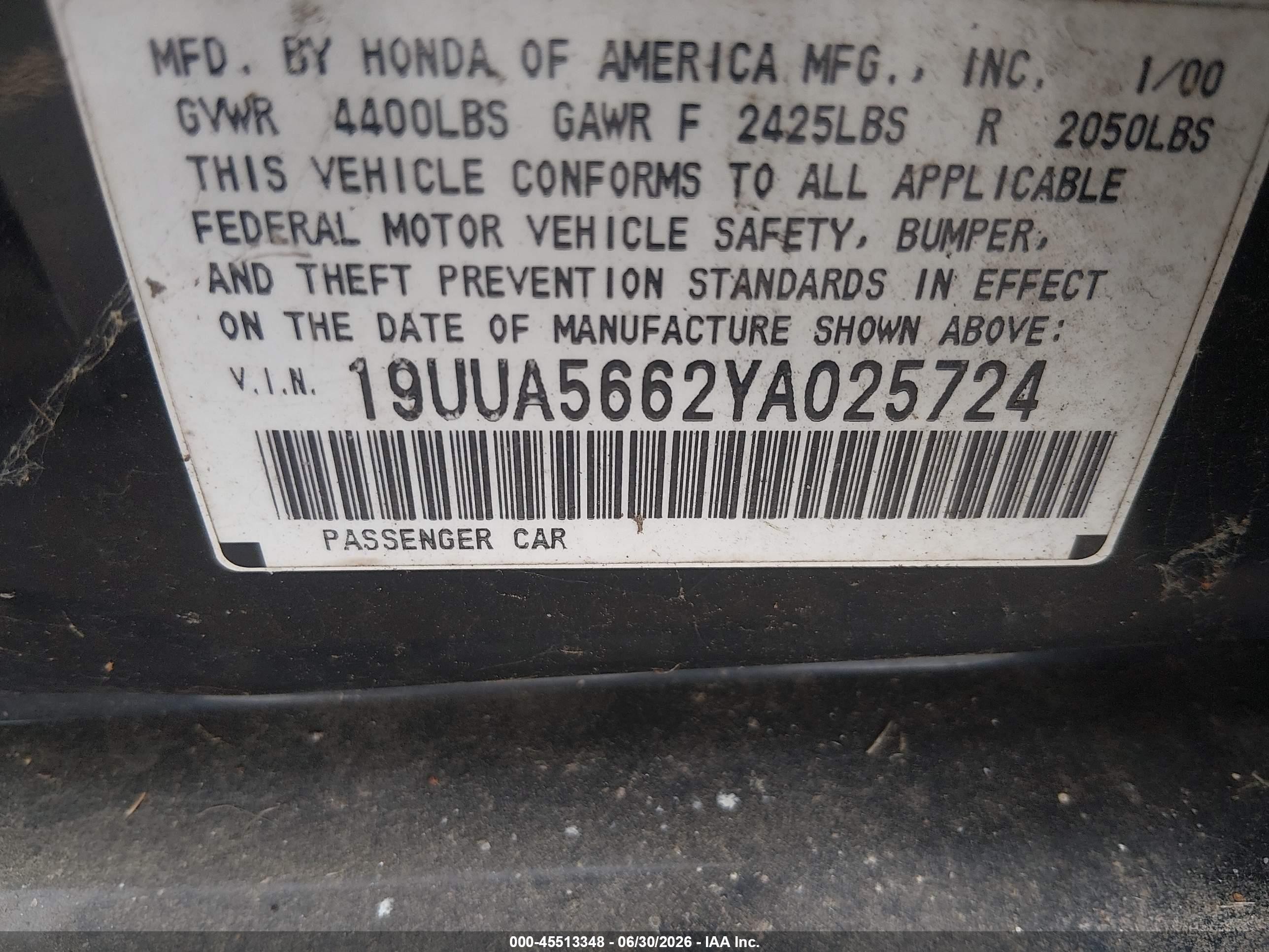 2000 Acura Tl 3.2 Black vin: 19UUA5662YA025724