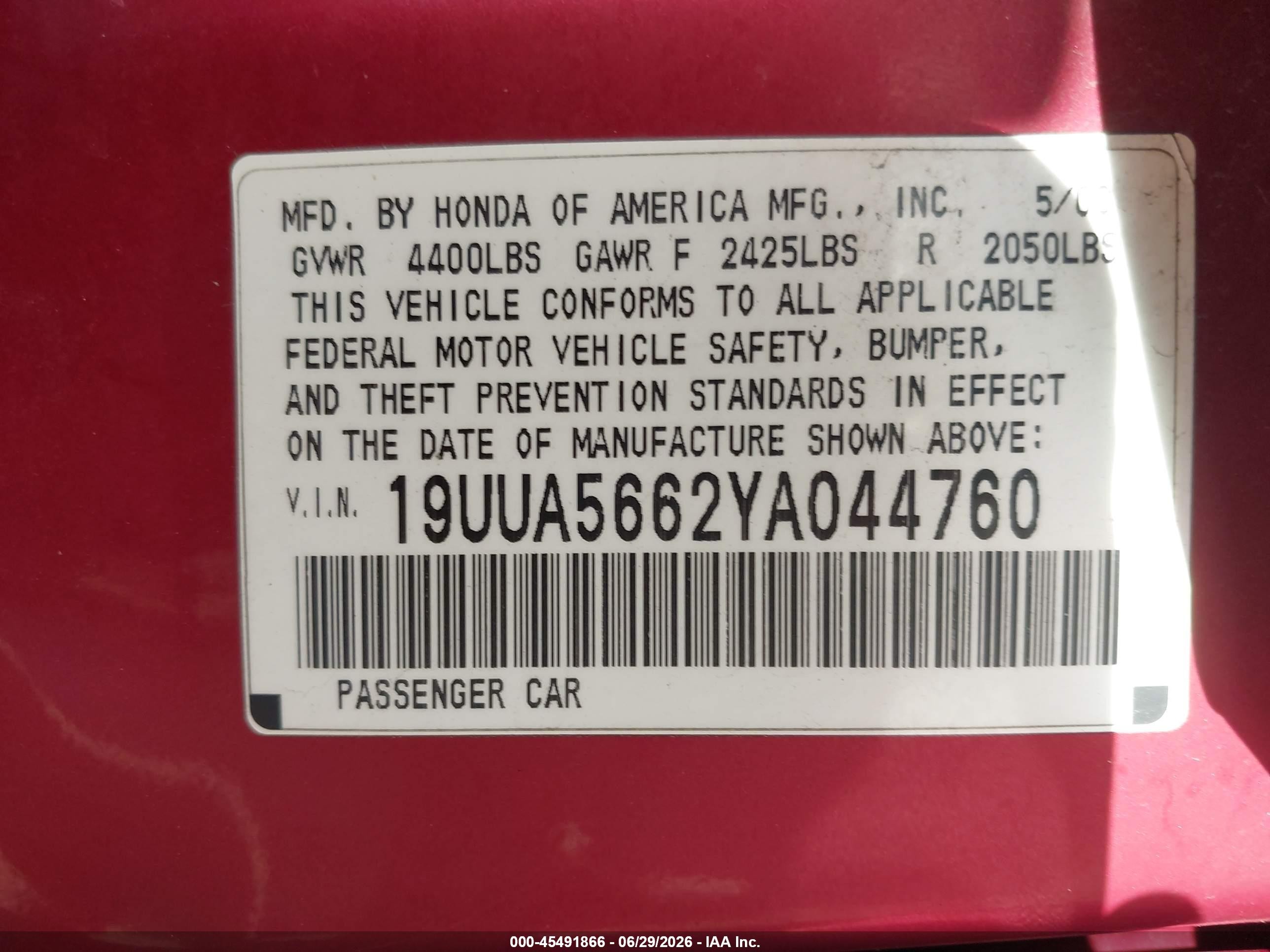 2000 Acura Tl 3.2 Red vin: 19UUA5662YA044760