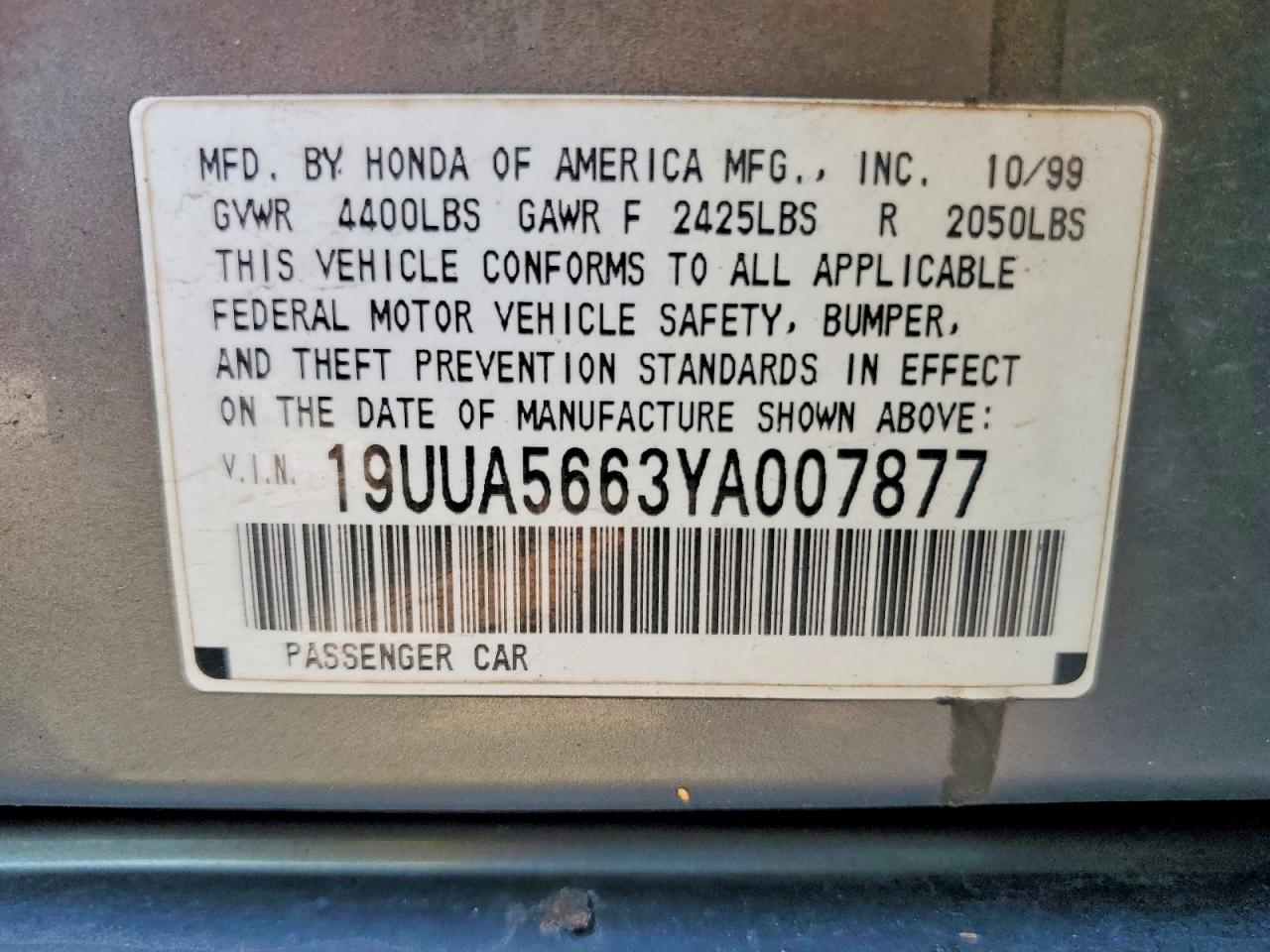 2000 Acura 3.2tl Gray vin: 19UUA5663YA007877