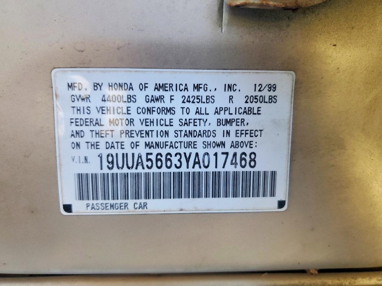 2000 Acura 3.2tl Золотой vin: 19UUA5663YA017468