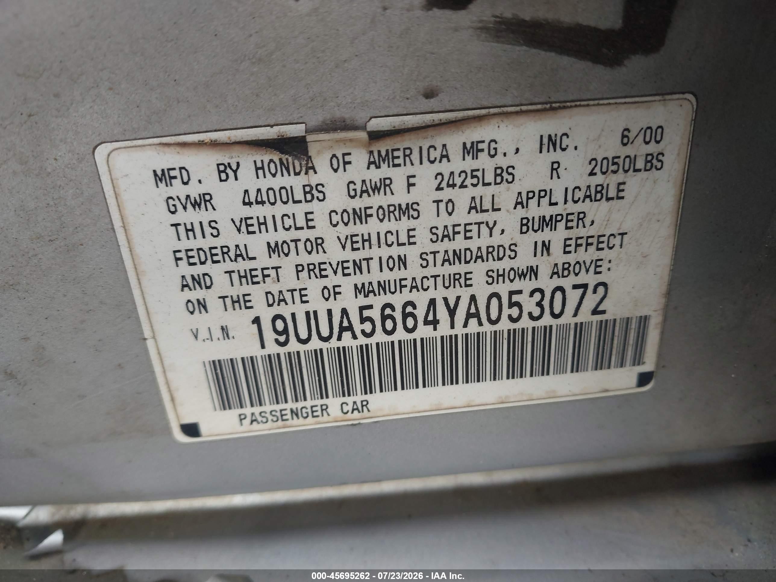 2000 Acura Tl 3.2 Silver vin: 19UUA5664YA053072
