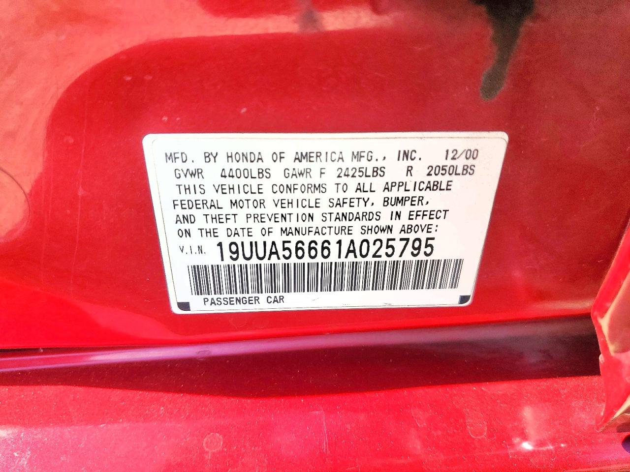2001 Acura 3.2tl Red vin: 19UUA56661A025795
