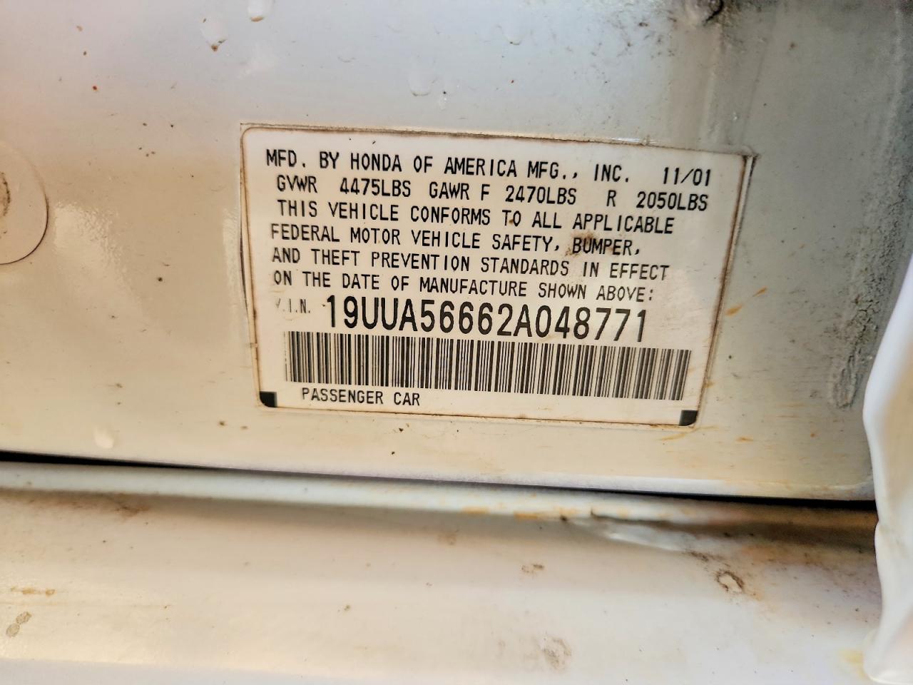 2002 Acura 3.2tl White vin: 19UUA56662A048771