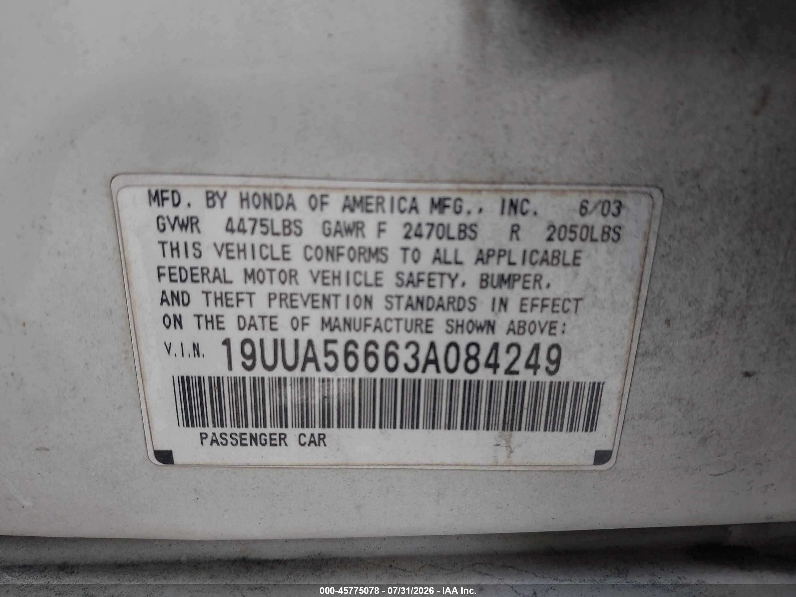 2003 Acura Tl 3.2 White vin: 19UUA56663A084249