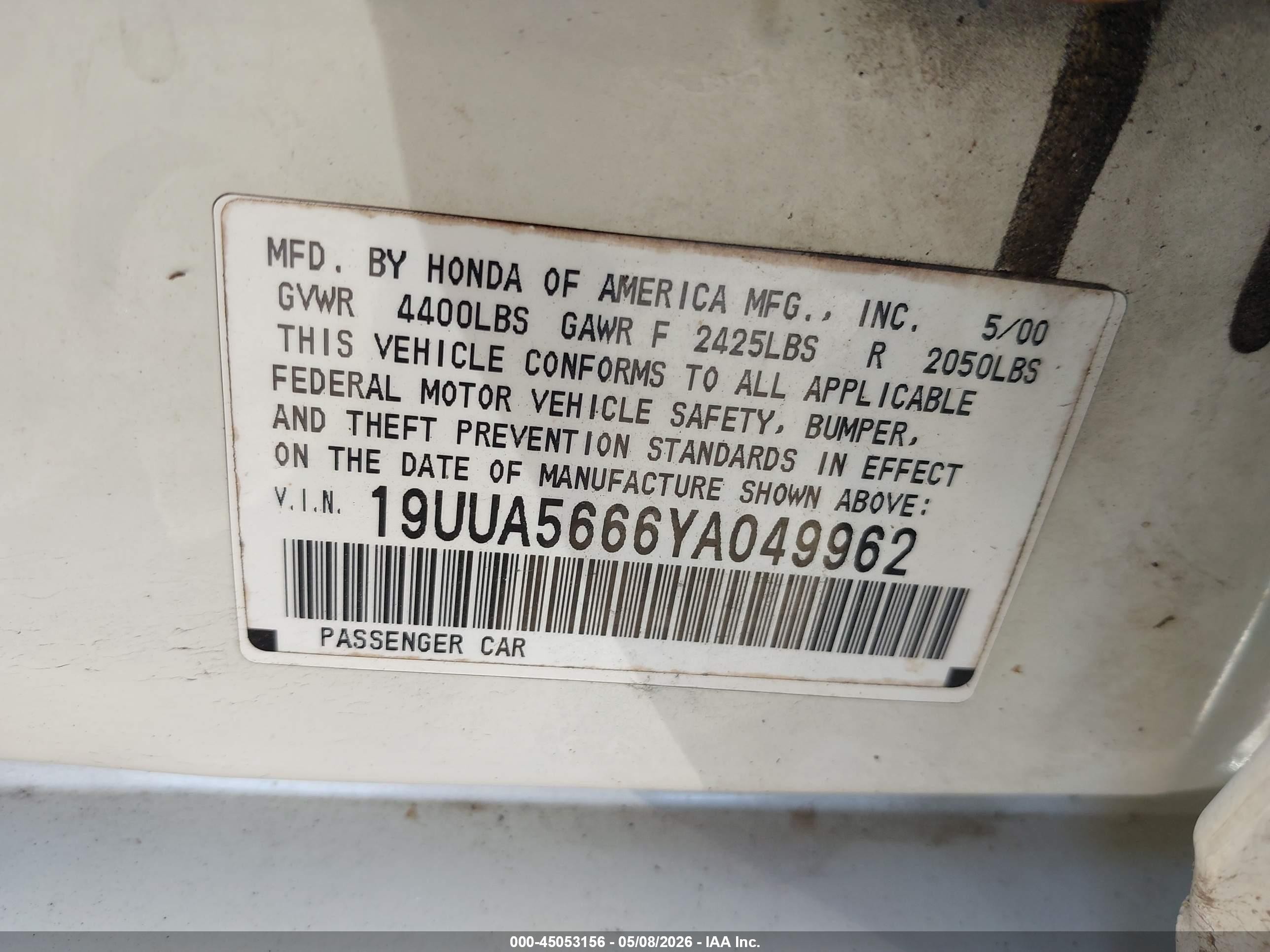 2000 Acura Tl 3.2 White vin: 19UUA5666YA049962