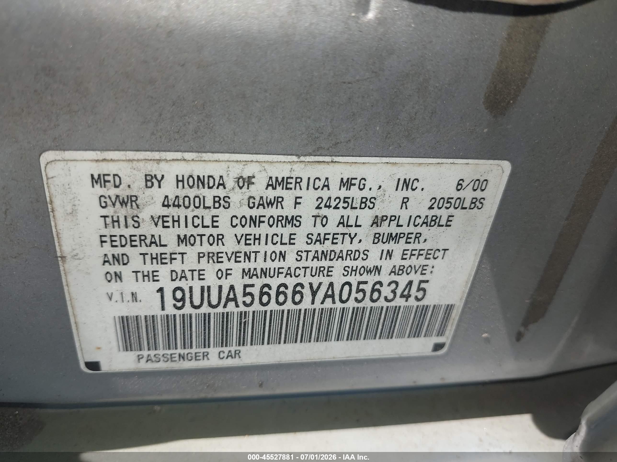 2000 Acura Tl 3.2 Silver vin: 19UUA5666YA056345