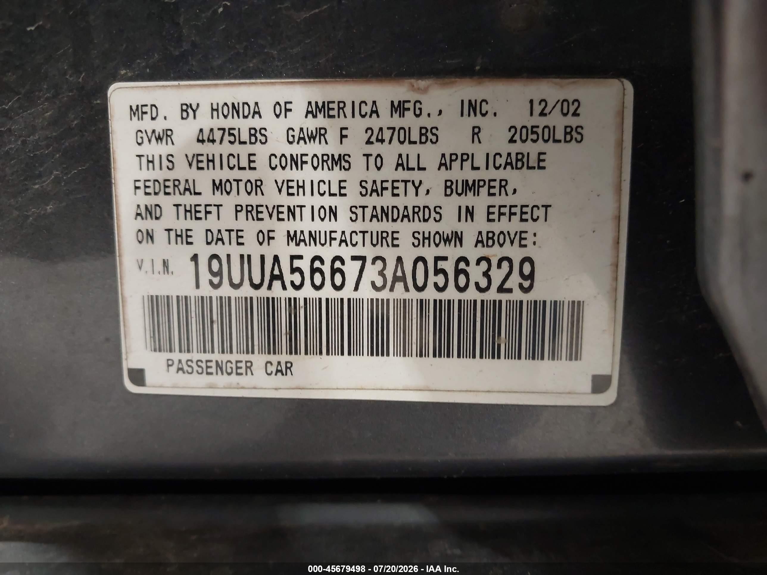 2003 Acura Tl 3.2 Gray vin: 19UUA56673A056329