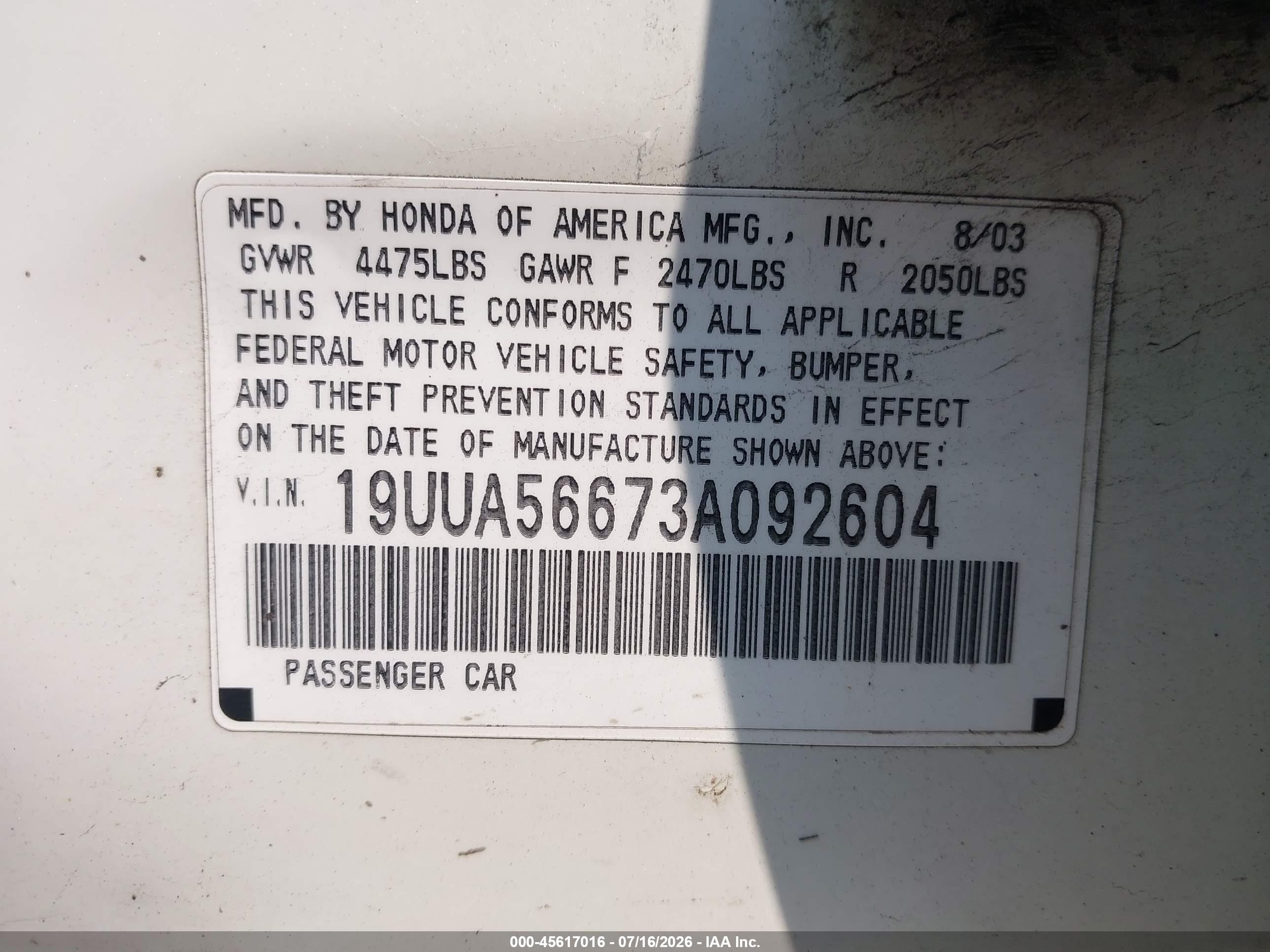 2003 Acura Tl 3.2 White vin: 19UUA56673A092604