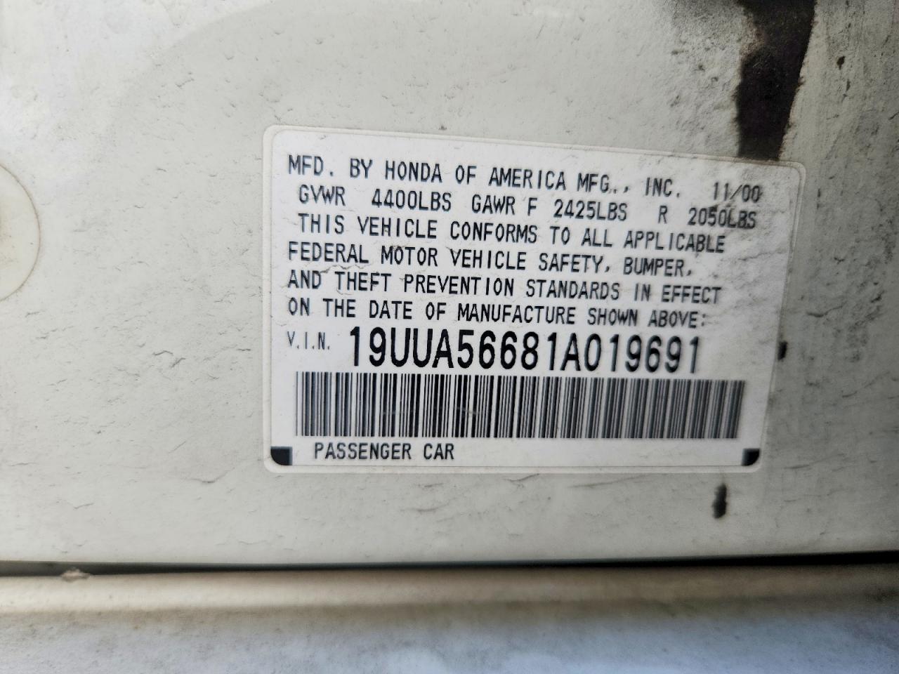 2001 Acura 3.2tl White vin: 19UUA56681A019691