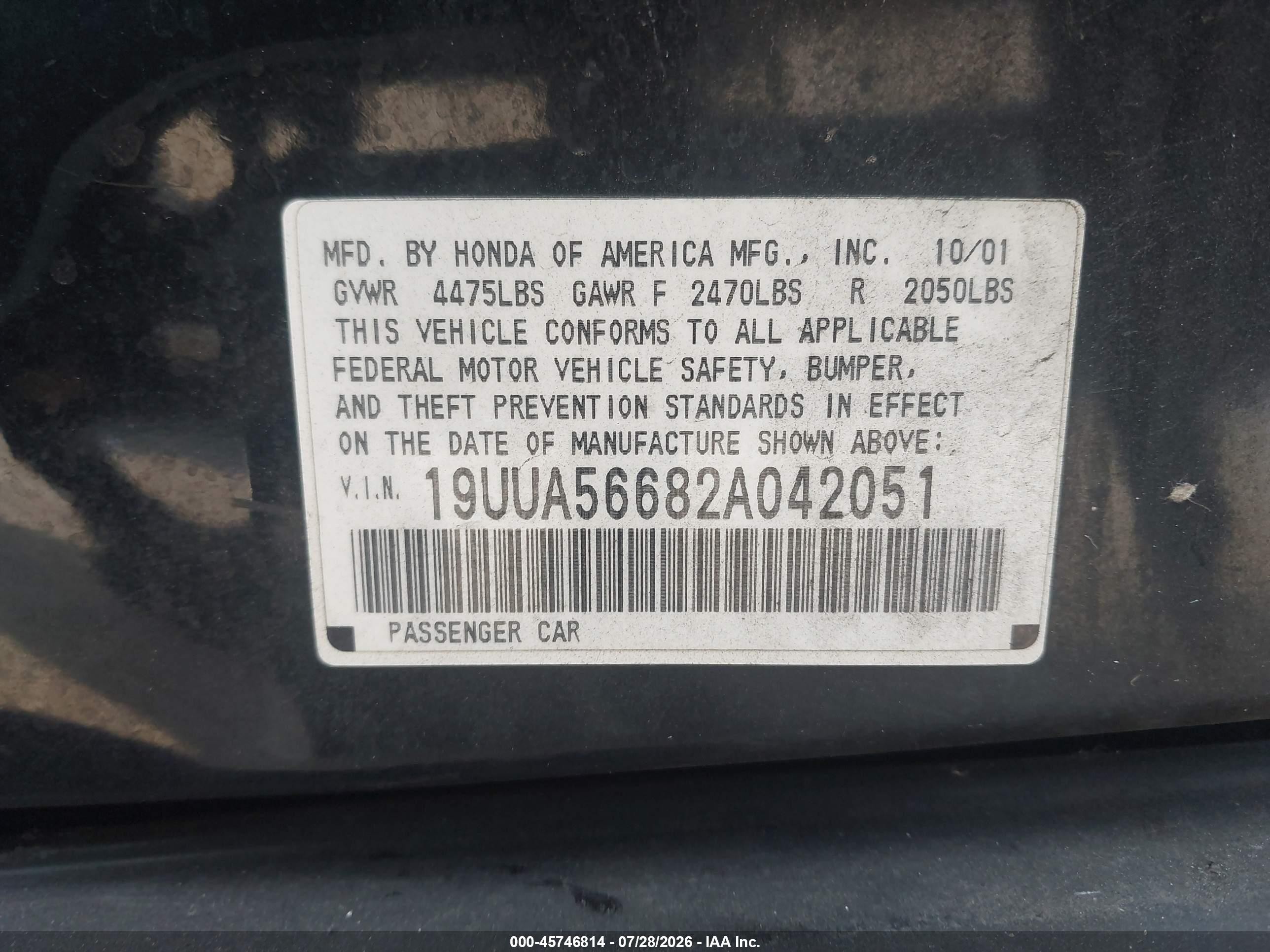 2002 Acura Tl 3.2 Black vin: 19UUA56682A042051