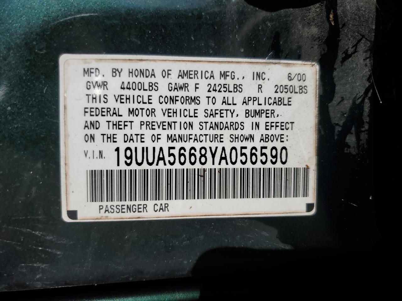 2000 Acura 3.2tl Green vin: 19UUA5668YA056590