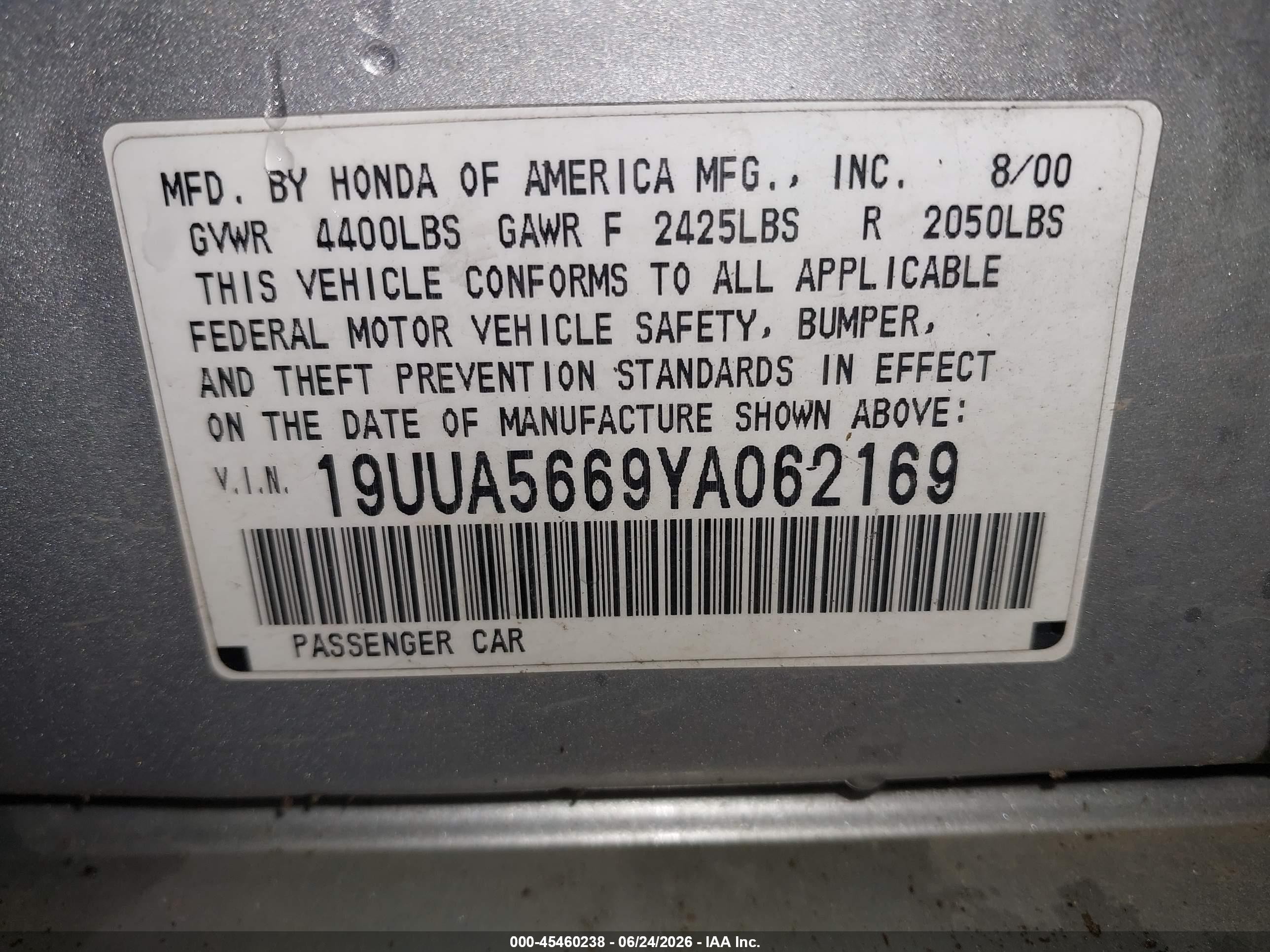 2000 Acura Tl 3.2 Silver vin: 19UUA5669YA062169