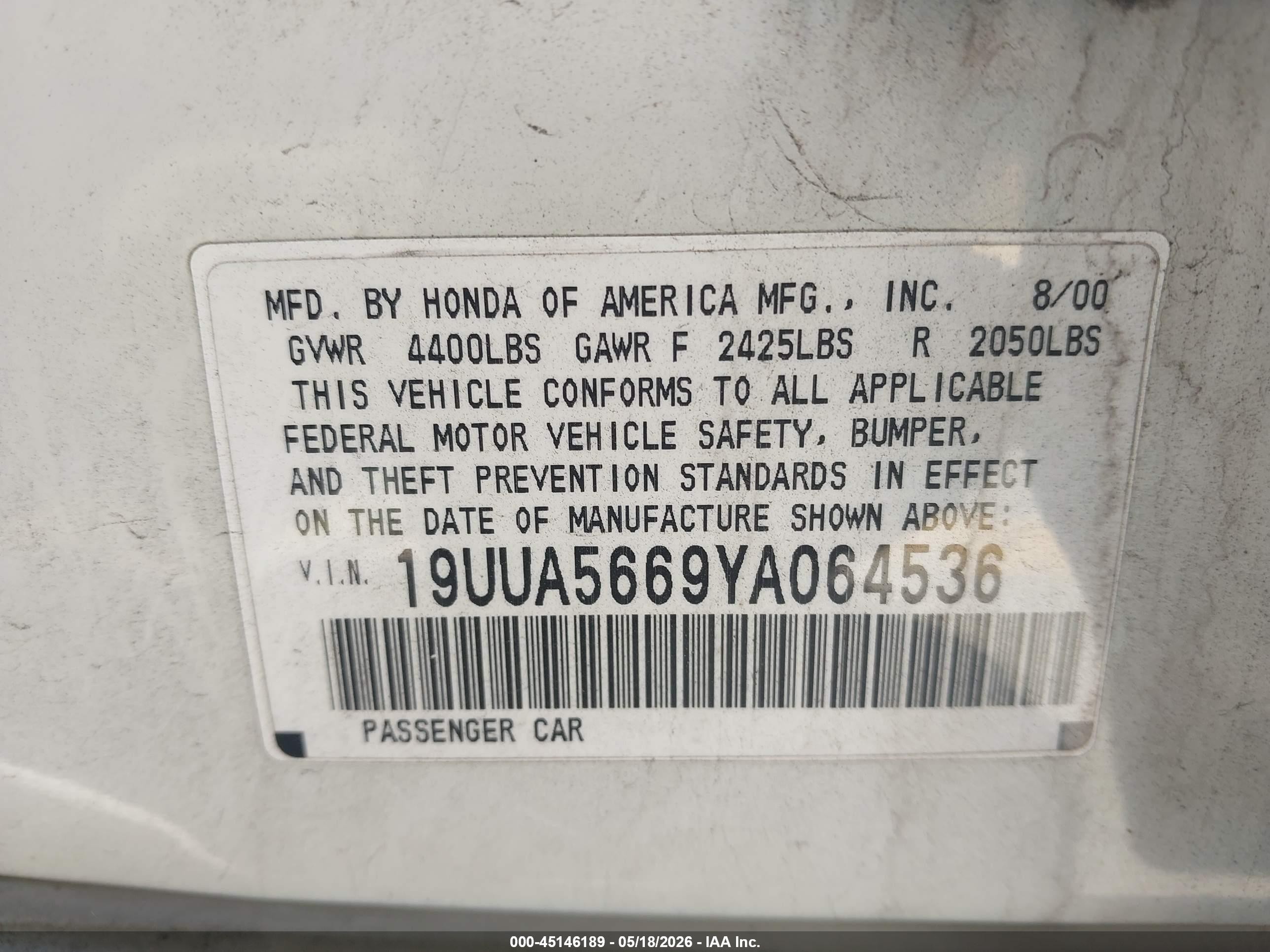 2000 Acura Tl 3.2 White vin: 19UUA5669YA064536