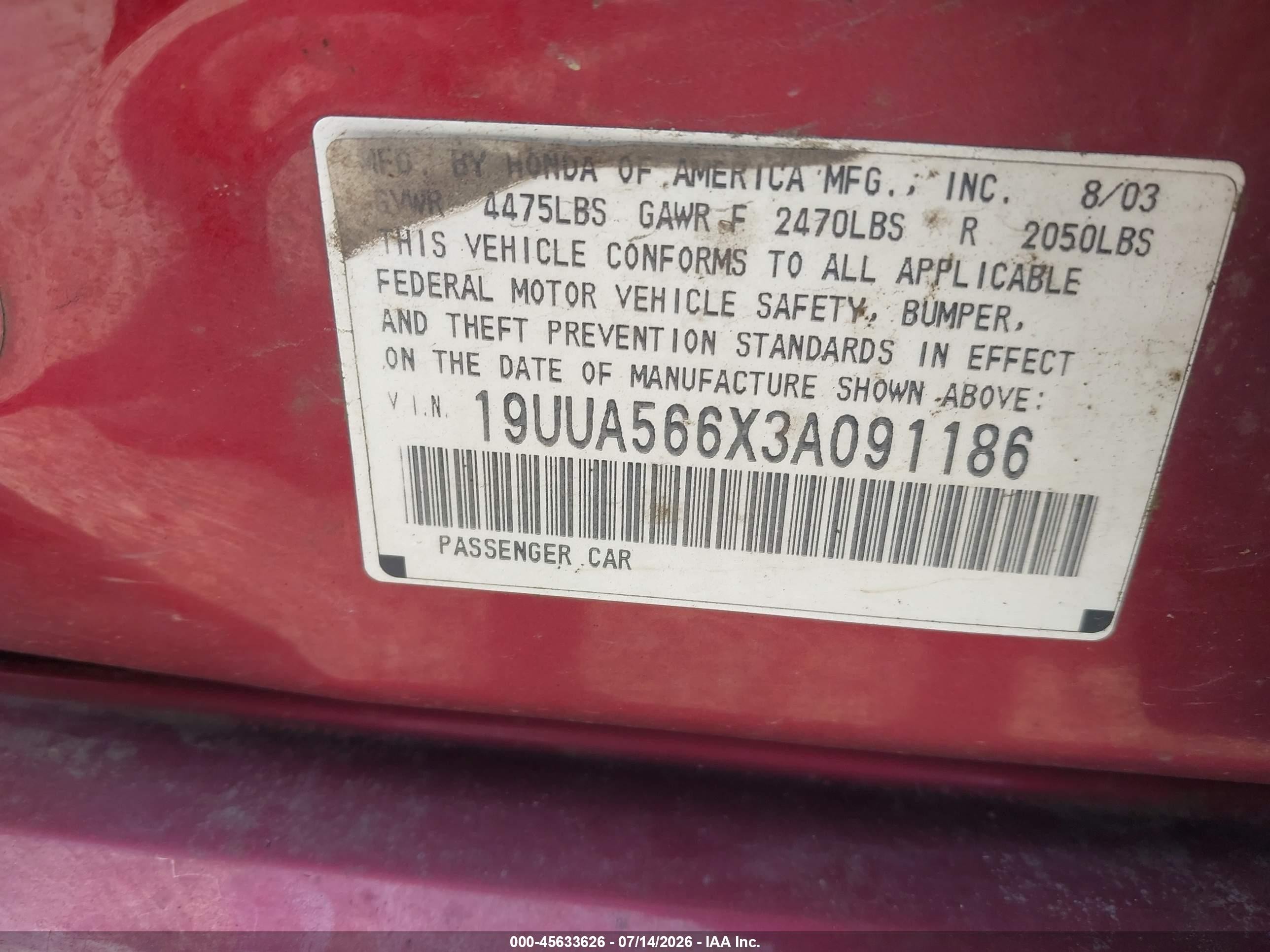 2003 Acura Tl 3.2 Red vin: 19UUA566X3A091186