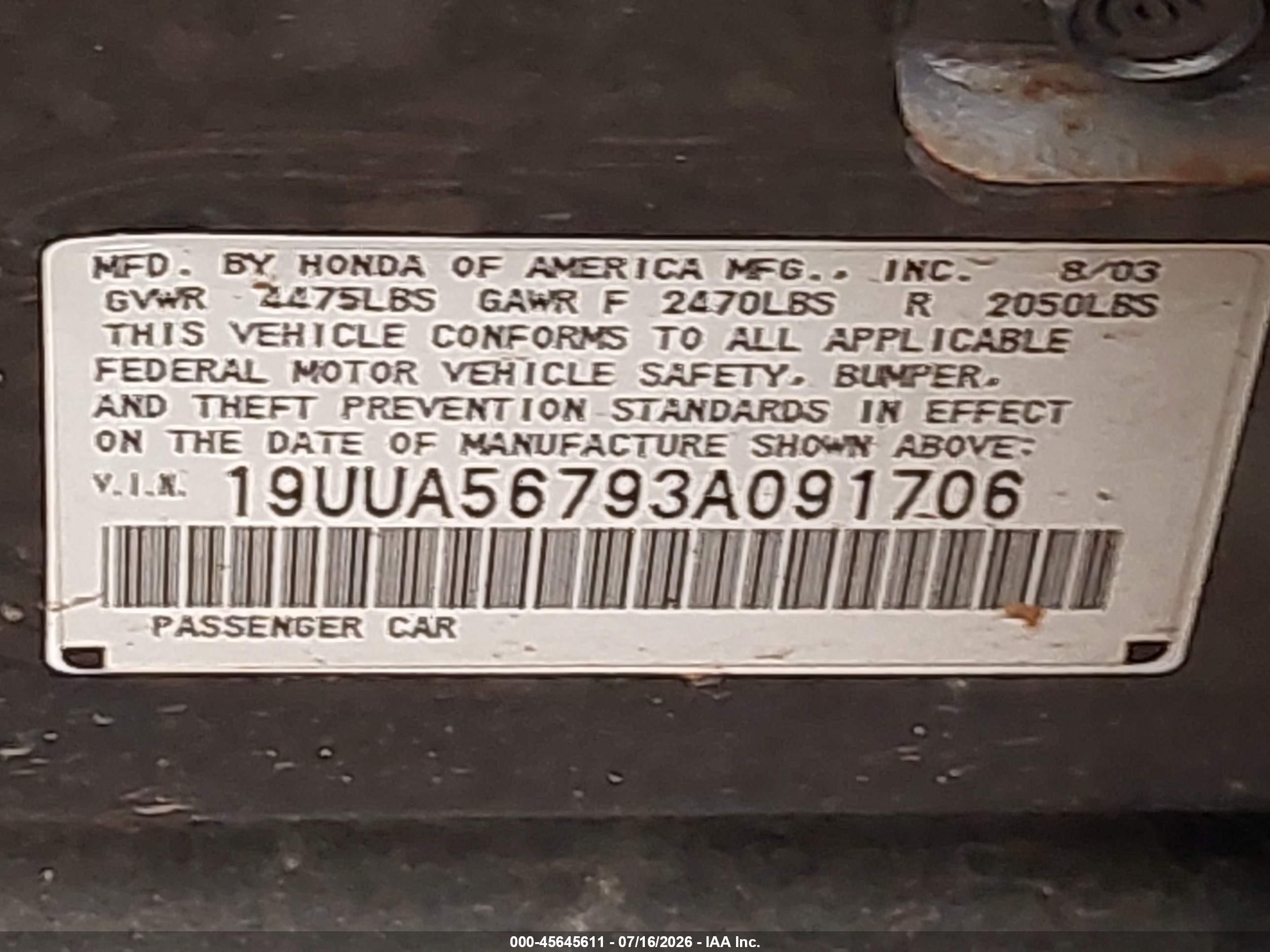 2003 Acura Tl 3.2 Серый vin: 19UUA56793A091706