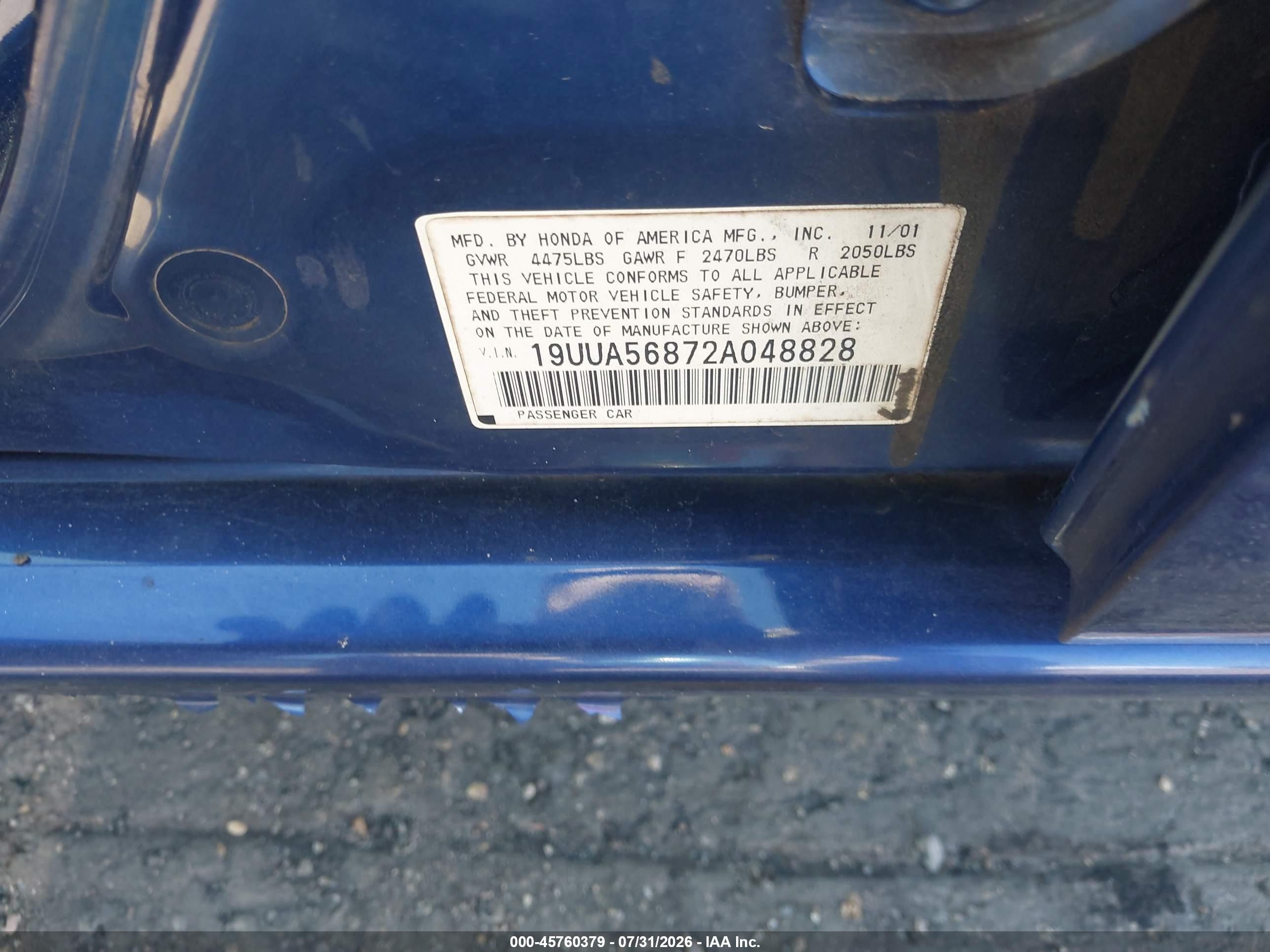 2002 Acura Tl 3.2 Type S Blue vin: 19UUA56872A048828