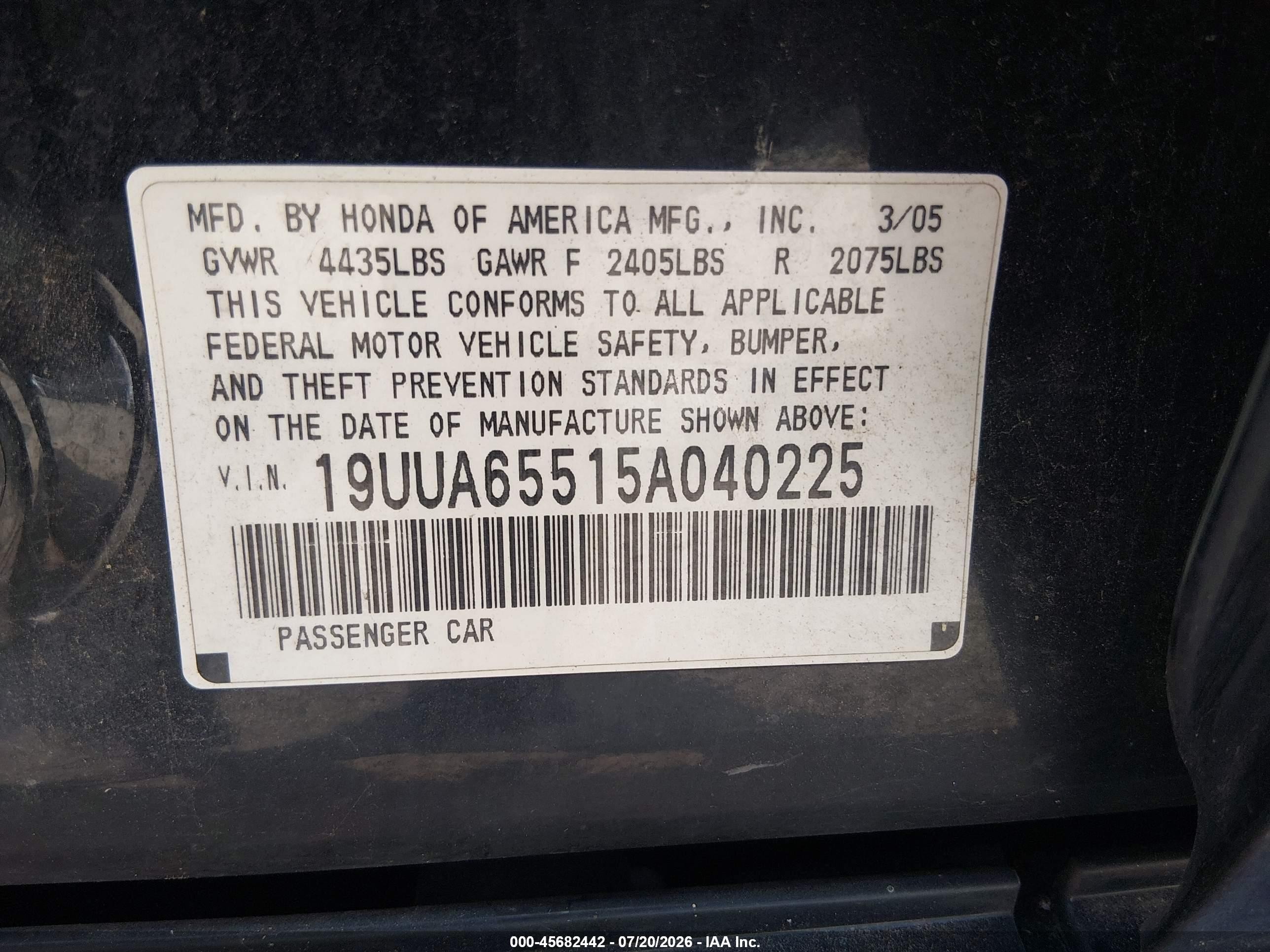2005 Acura Tl   Black vin: 19UUA65515A040225