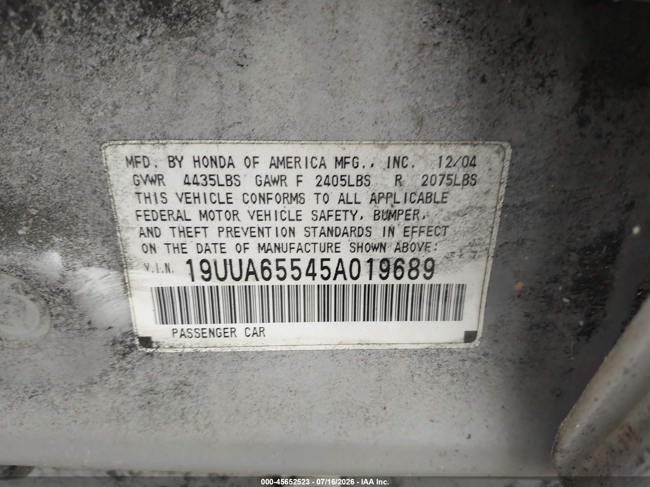 2005 Acura Tl   Gray vin: 19UUA65545A019689