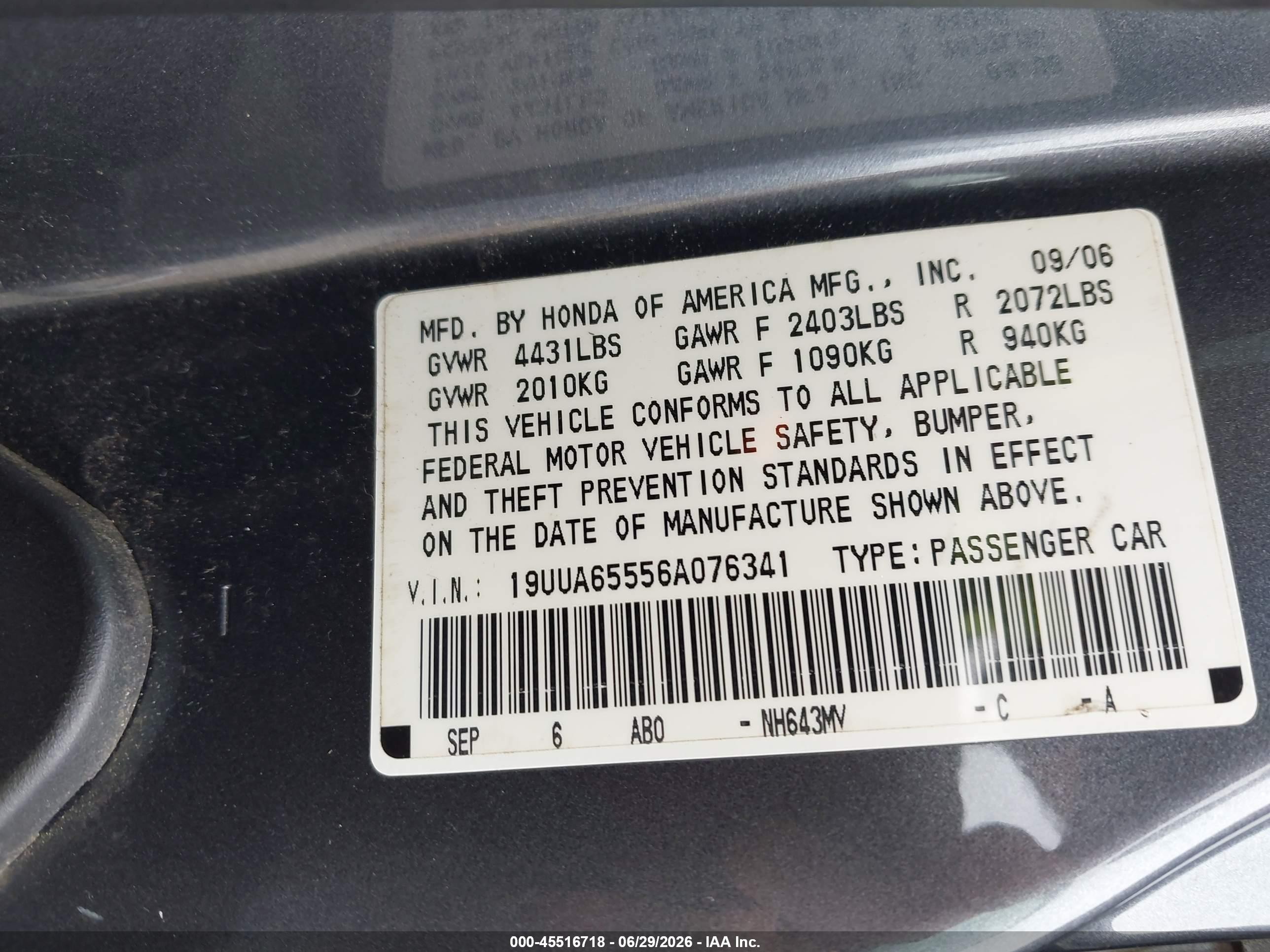 2006 Acura Tl   Gray vin: 19UUA65556A076341