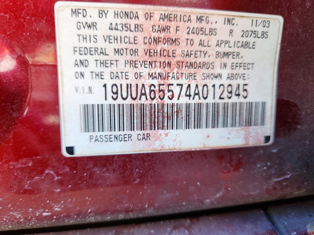 2004 Acura Tl Burgundy vin: 19UUA65574A012945
