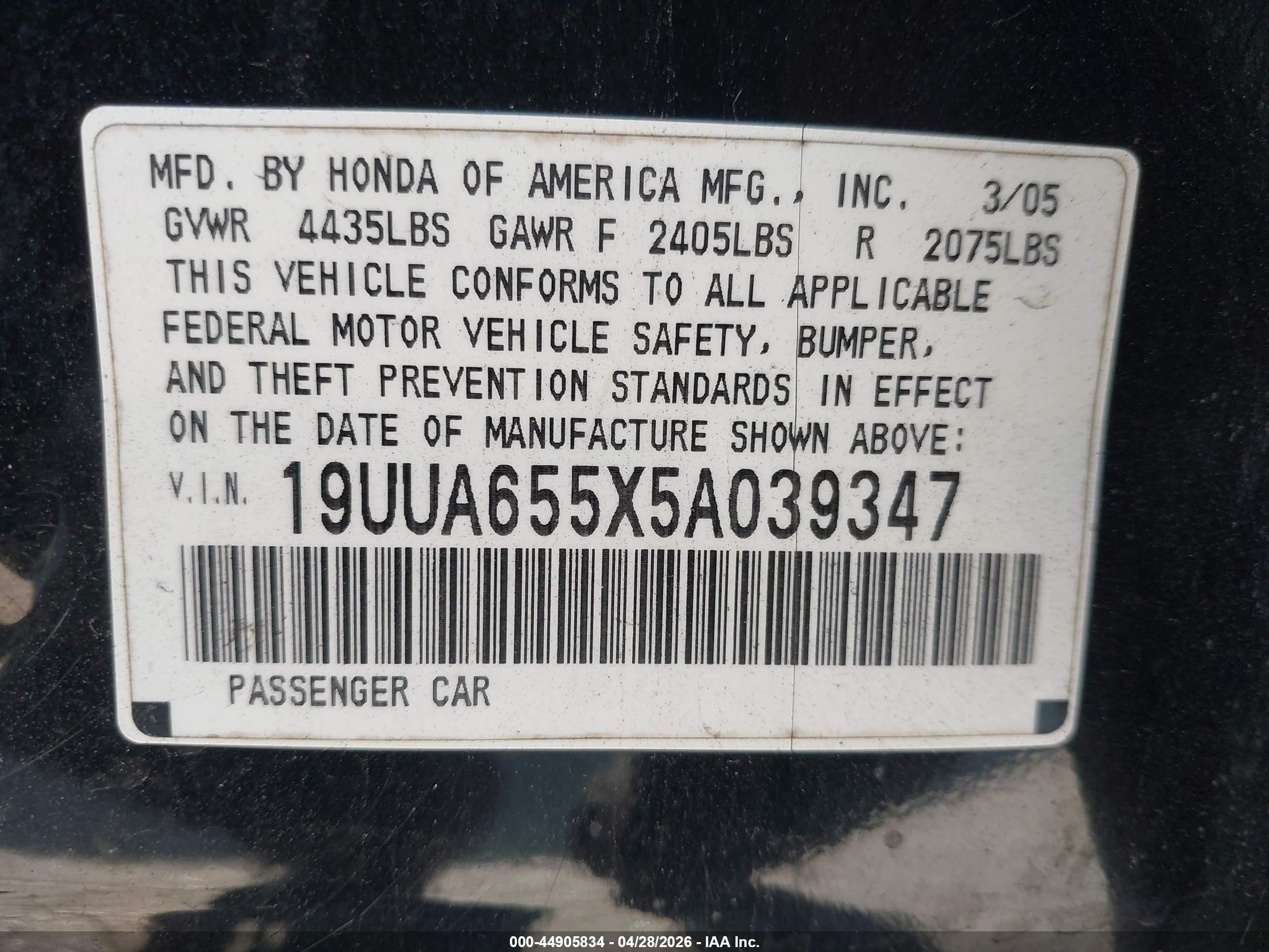 2005 Acura Tl   Black vin: 19UUA655X5A039347