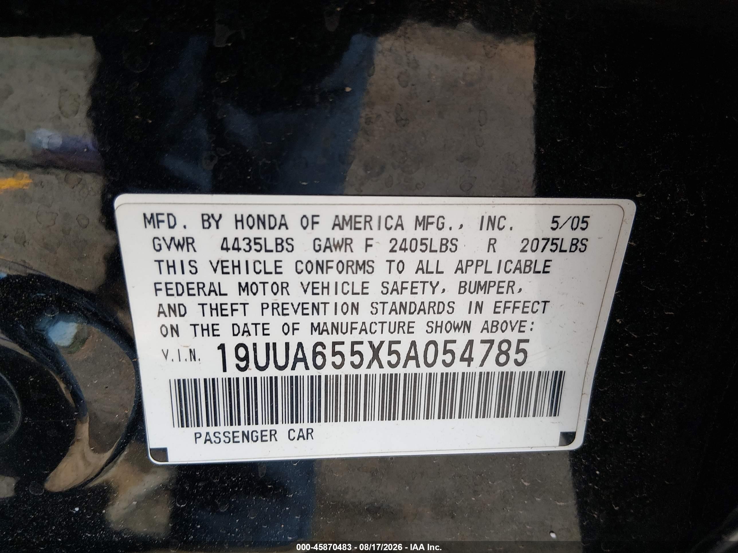 2005 Acura Tl   Black vin: 19UUA655X5A054785