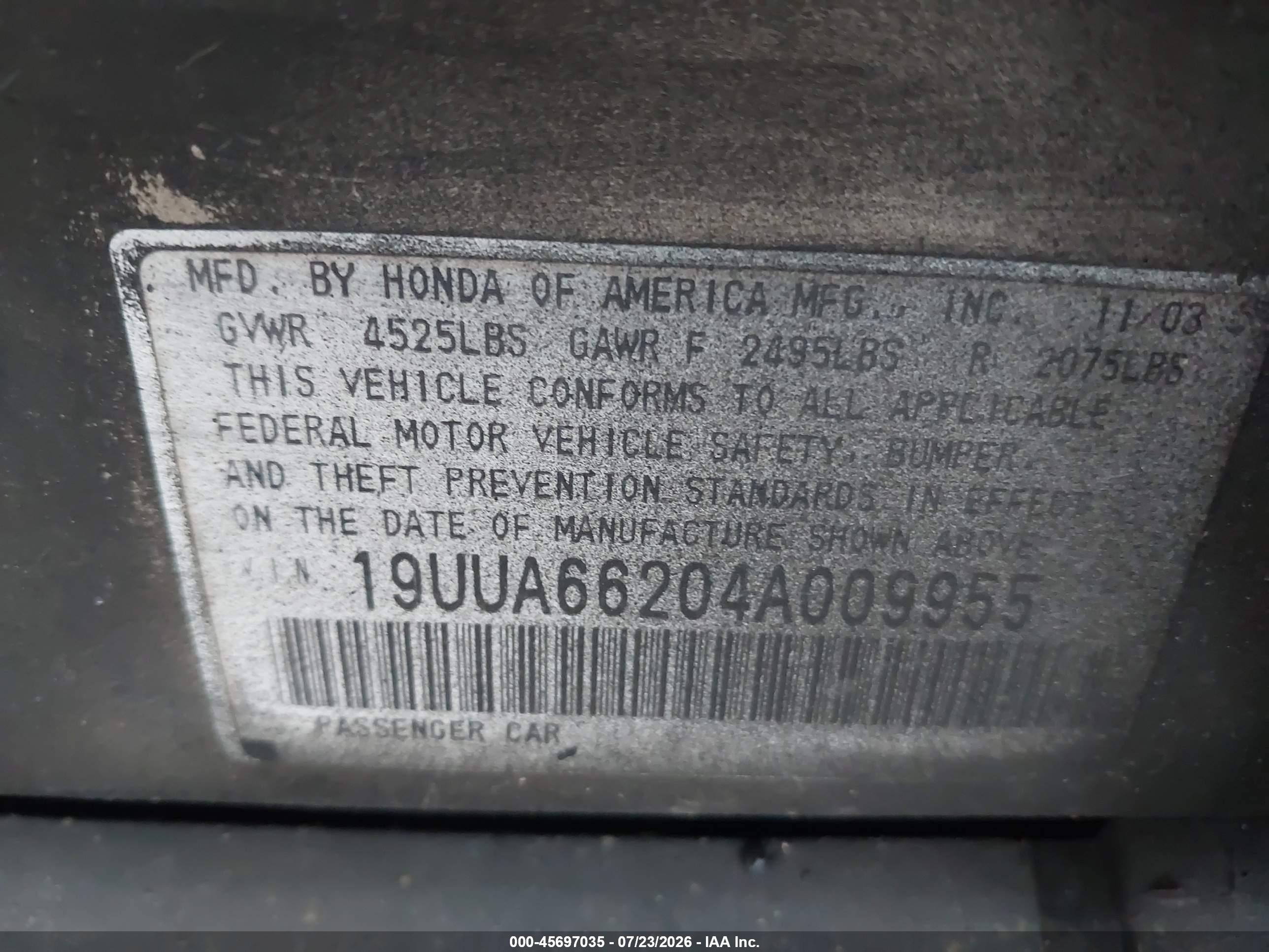 2004 Acura Tl   Black vin: 19UUA66204A009955