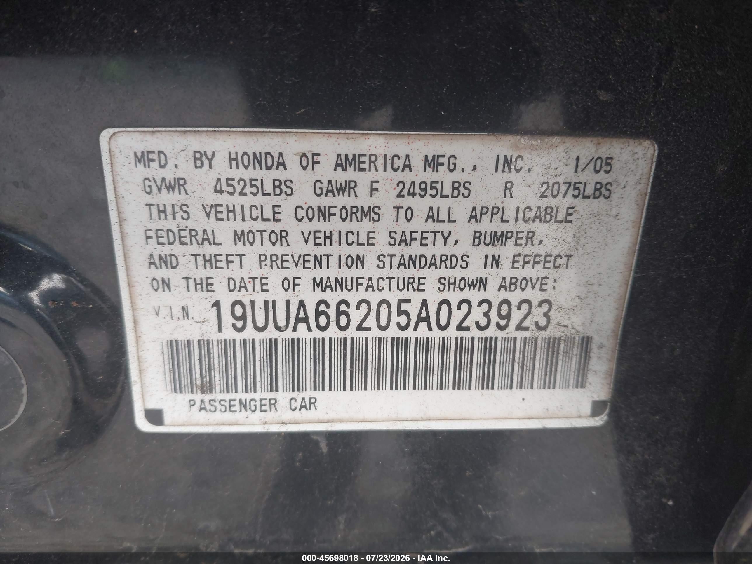 2005 Acura Tl   Black vin: 19UUA66205A023923