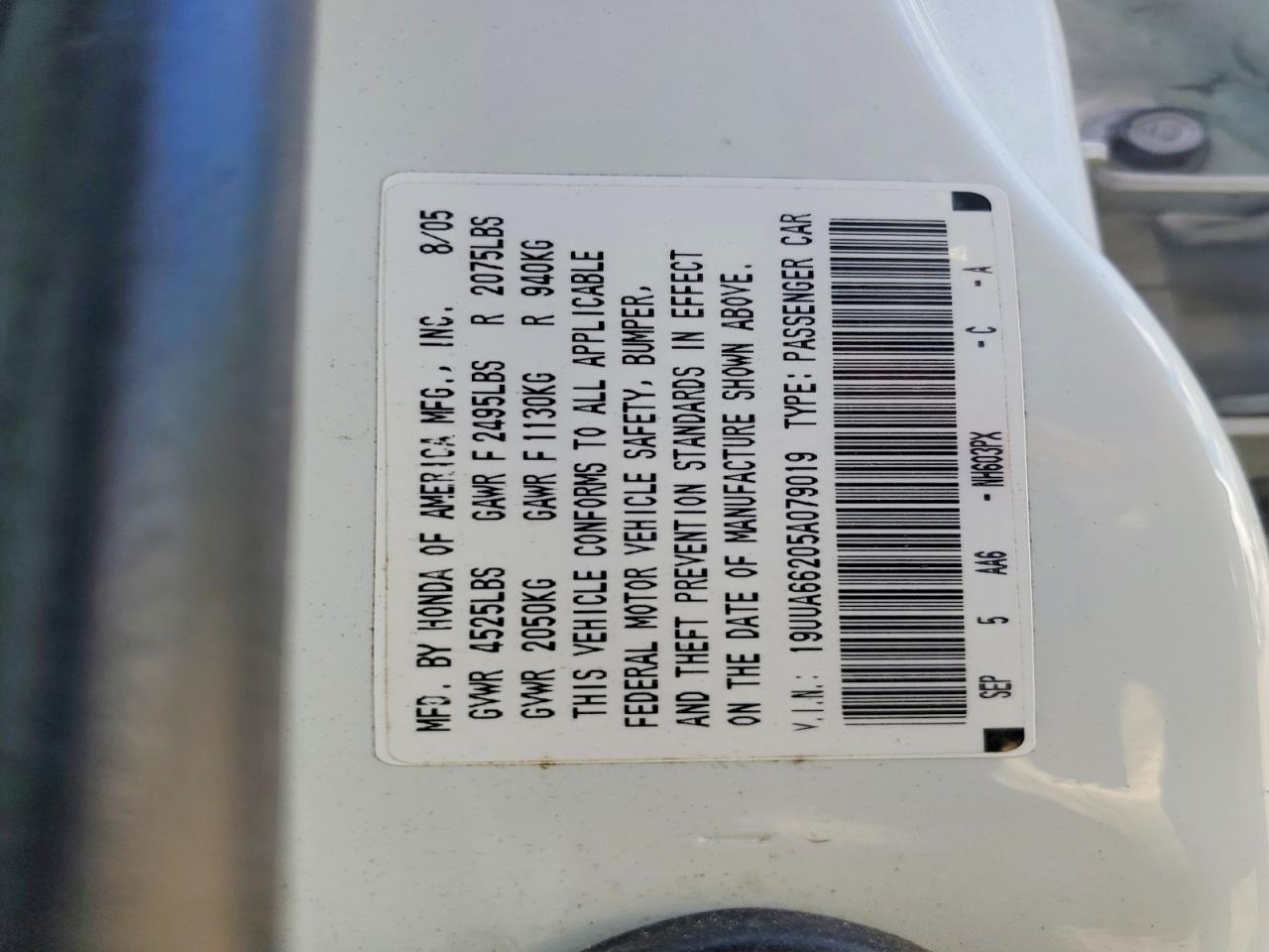 2005 Acura Tl White vin: 19UUA66205A079019