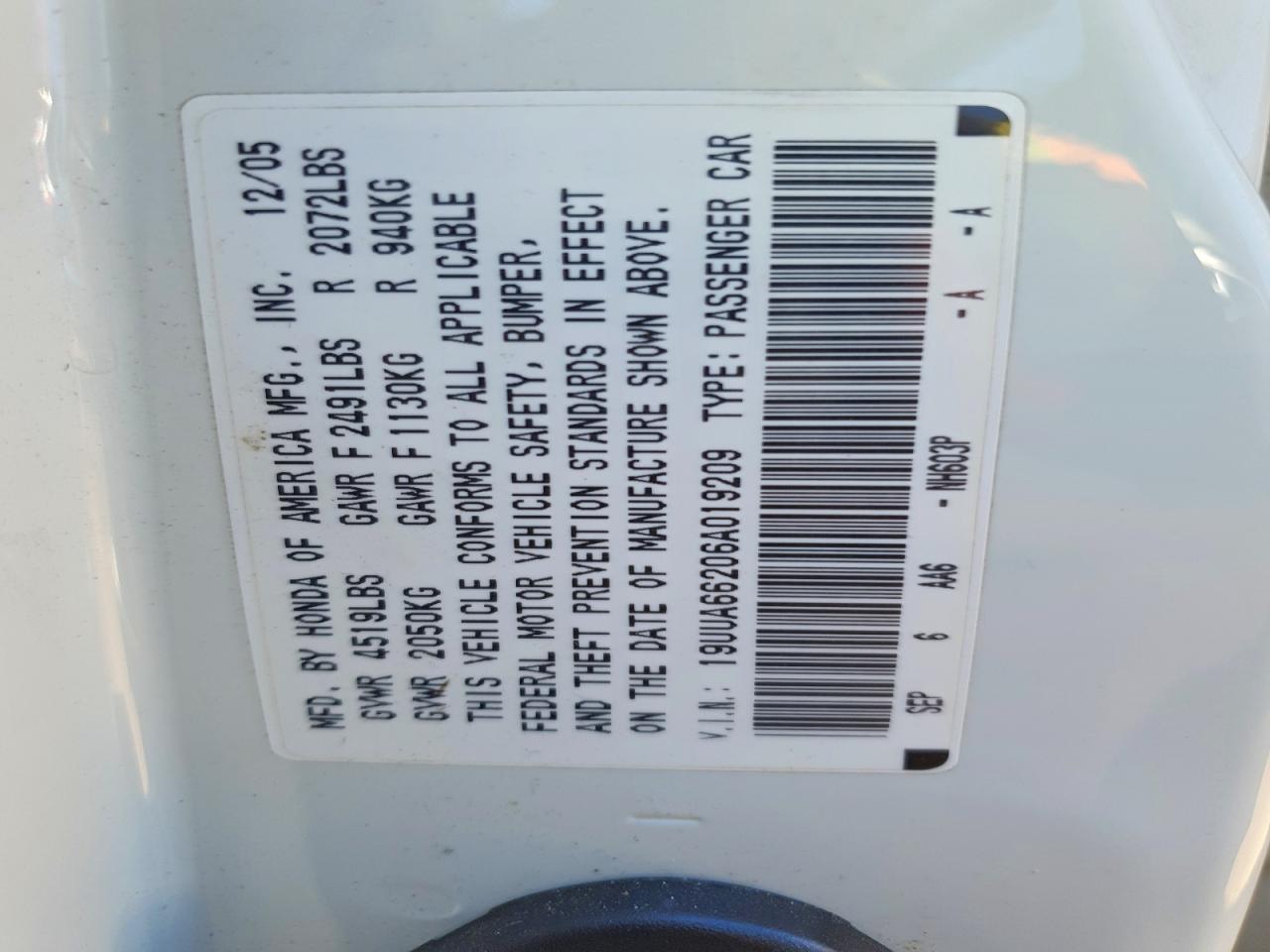 2006 Acura 3.2tl White vin: 19UUA66206A019209